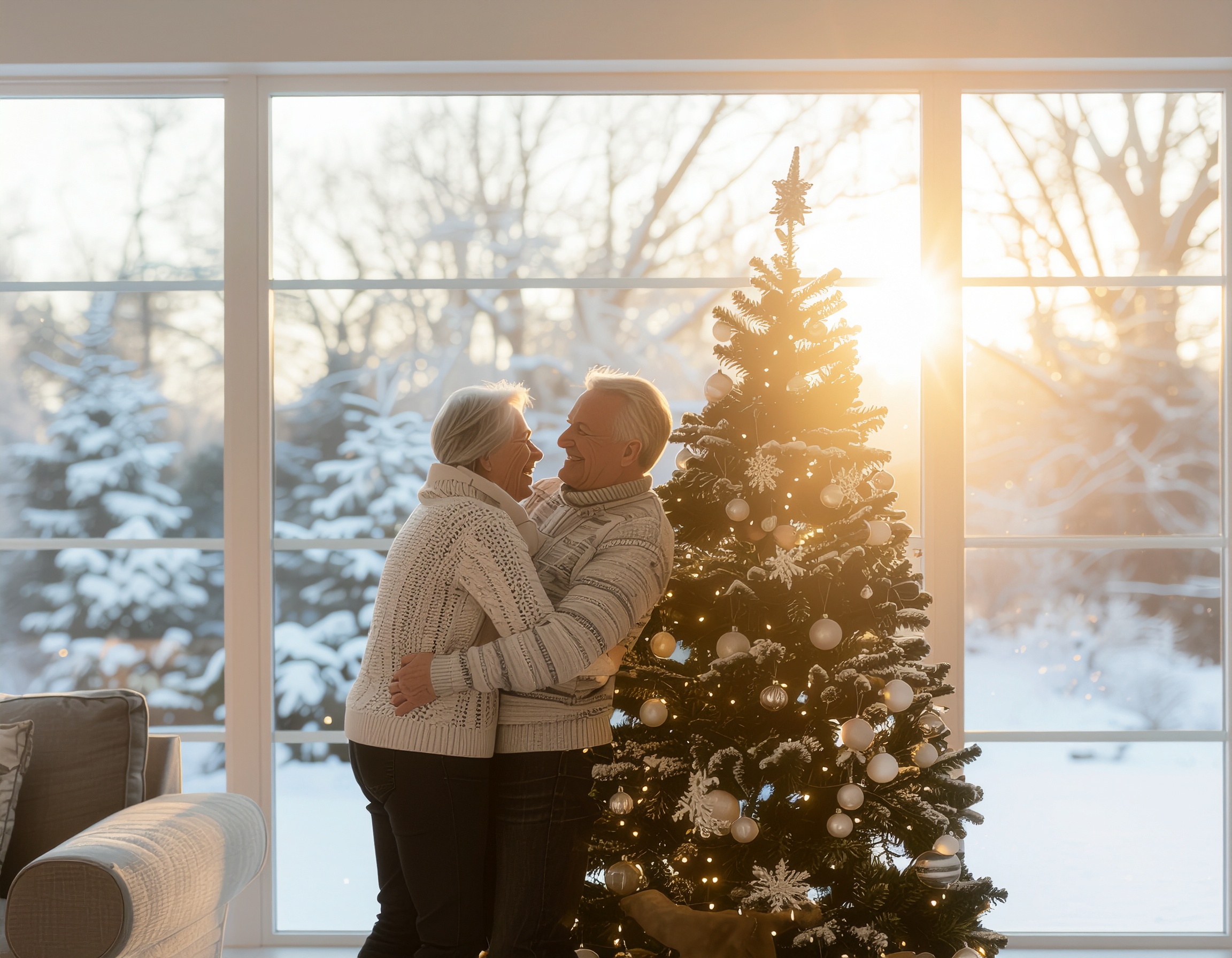 Um casal idoso abraçado ao lado de uma árvore de Natal decorada, em frente a uma grande janela com vista para uma paisagem nevada ao pôr do sol. A luz suave e difusa cria uma atmosfera calorosa e acolhedora, enquanto os detalhes das decorações na árvore refletem o brilho suave da iluminação. O ambiente interior é aconchegante, com um sofá à esquerda, e o casal veste suéteres de inverno claros que complementam a cena harmoniosamente.