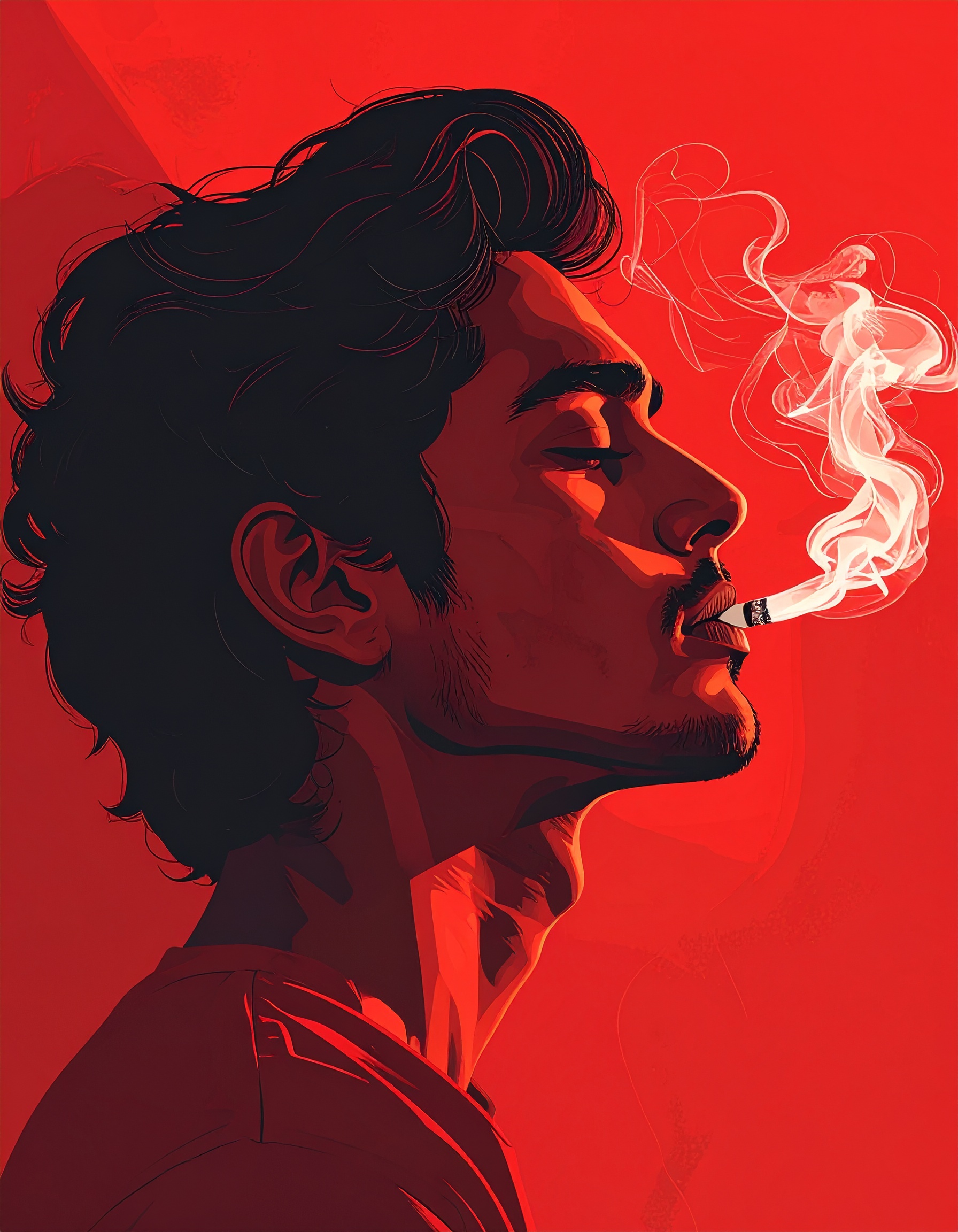 Vibrant illustration of a man smoking against a red backdrop