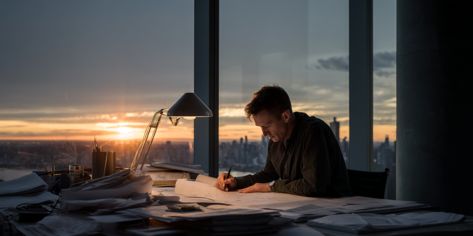 Um homem concentrado trabalhando em um projeto de arquitetura em uma mesa repleta de papéis, com uma vista deslumbrante da cidade ao pôr do sol. A iluminação suave da lâmpada de mesa ilumina o ambiente, destacando o esforço e a dedicação do profissional.