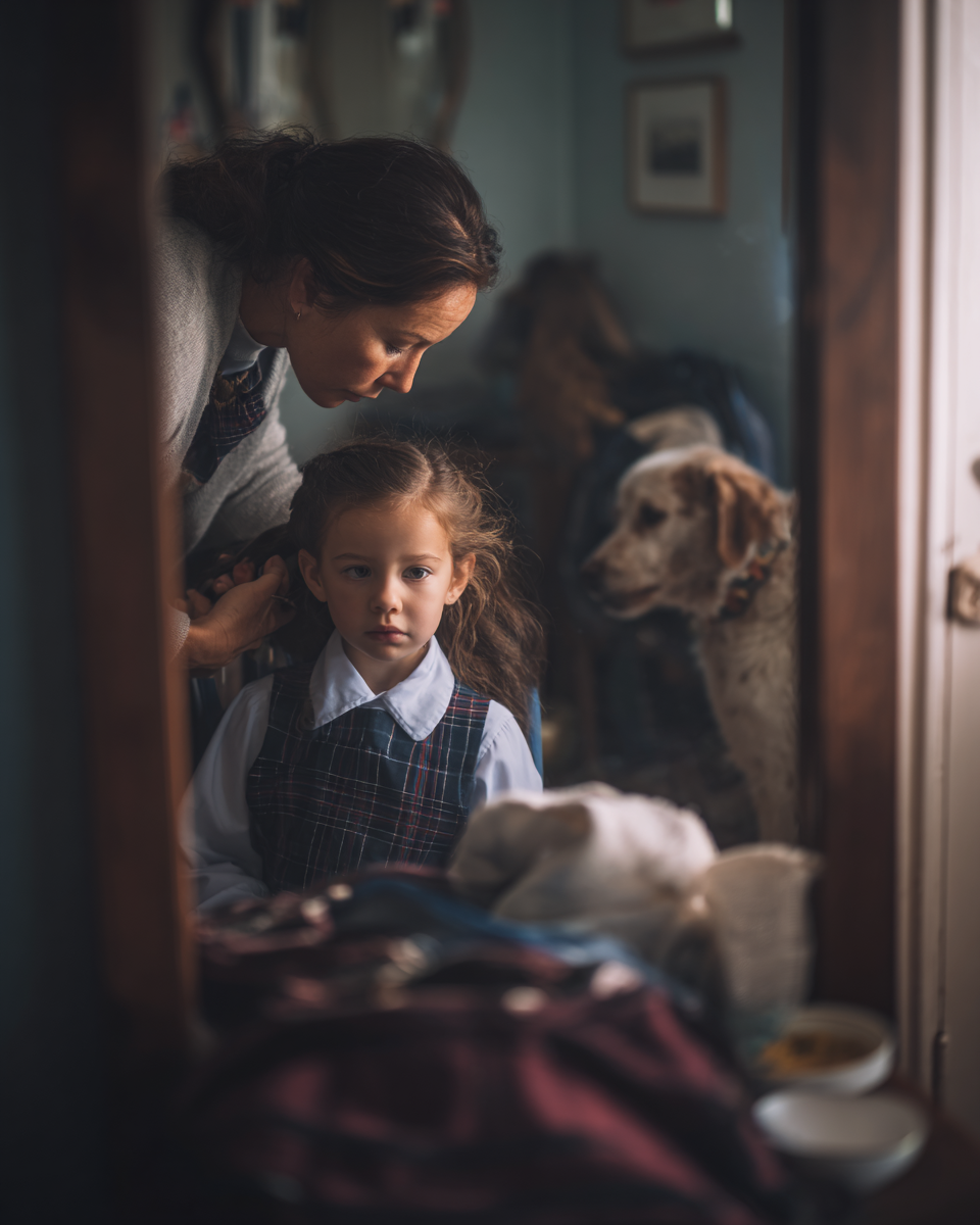 Uma mãe penteando o cabelo de sua filha pequena em frente a um espelho. A menina, vestindo um uniforme escolar xadrez, observa atentamente. No fundo, um cão de estimação está presente, adicionando um toque acolhedor à cena familiar.