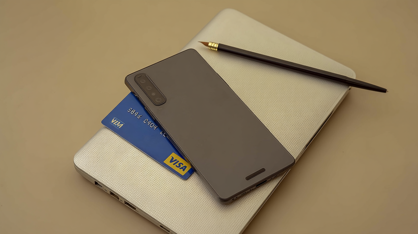 Imagem com um smartphone preto, cartão de crédito azul e um notebook prateado sobre uma superfície bege. A iluminação suave destaca o design minimalista dos objetos, com foco no cartão parcialmente oculto. Um lápis preto complementa a composição, adicionando um toque de formalidade e organização ao contexto de trabalho ou estudo.