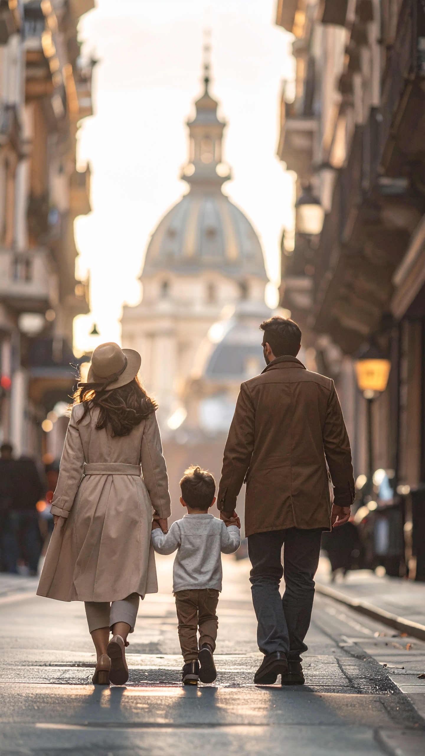 A family walks hand-in-hand on a sunlit urban street, exuding warmth and togetherness