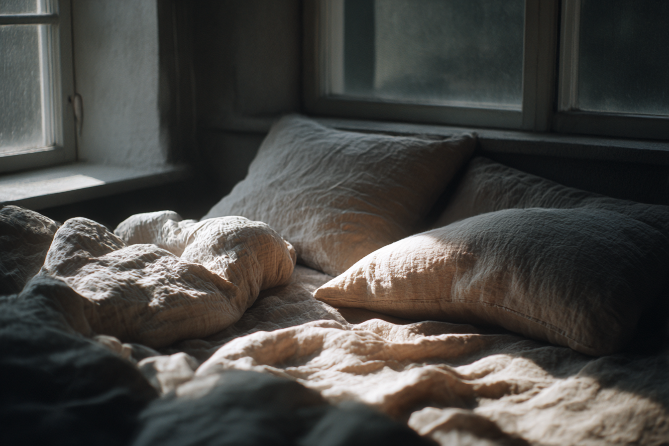 Cama aconchegante com lençóis e travesseiros em tons neutros, iluminada suavemente pela luz do sol que entra pela janela. A cena evoca uma sensação de conforto e tranquilidade, ideal para um quarto relaxante.