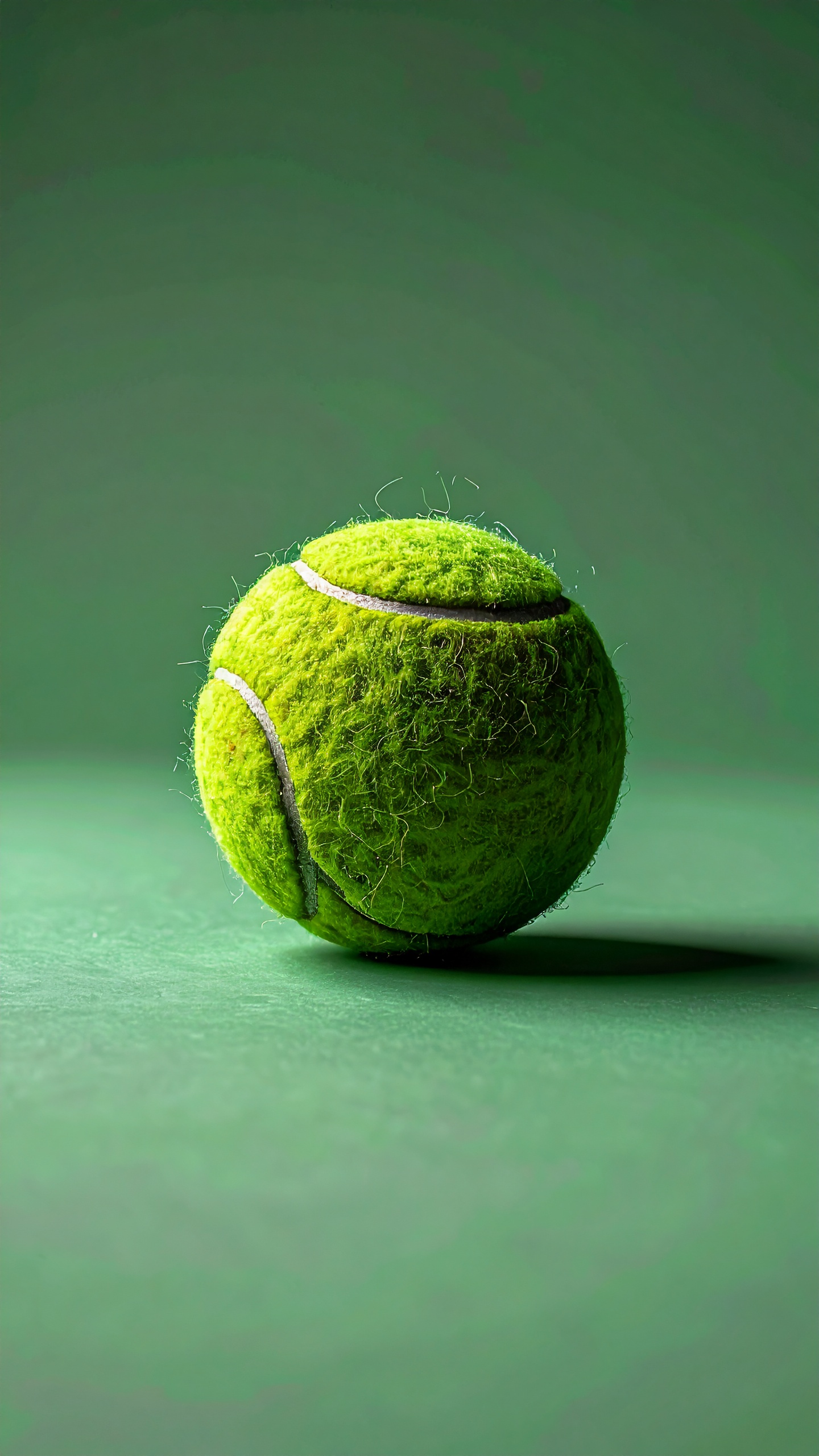A vibrant green tennis ball rests on a matching green surface