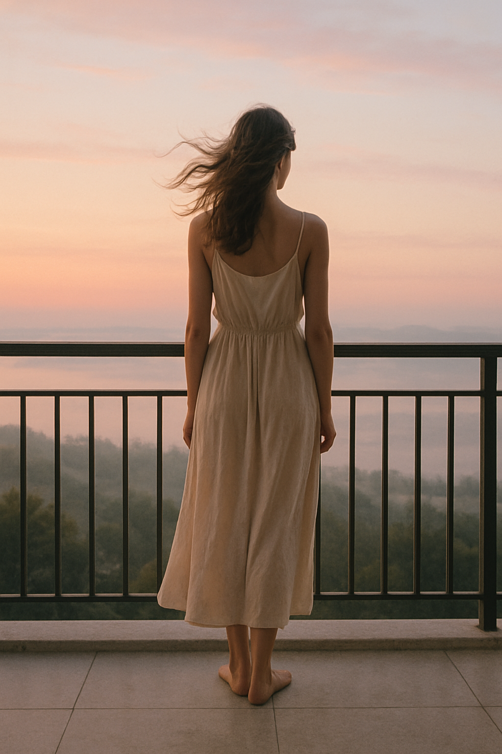 A imagem apresenta uma mulher de costas, vestindo um vestido longo e leve, em um ambiente externo ao amanhecer. O céu exibe uma paleta suave de cores, incluindo tons de rosa e azul, enquanto a mulher se destaca em um vestido de tom neutro. A composição enfatiza a conexão da figura com a paisagem ao seu redor.