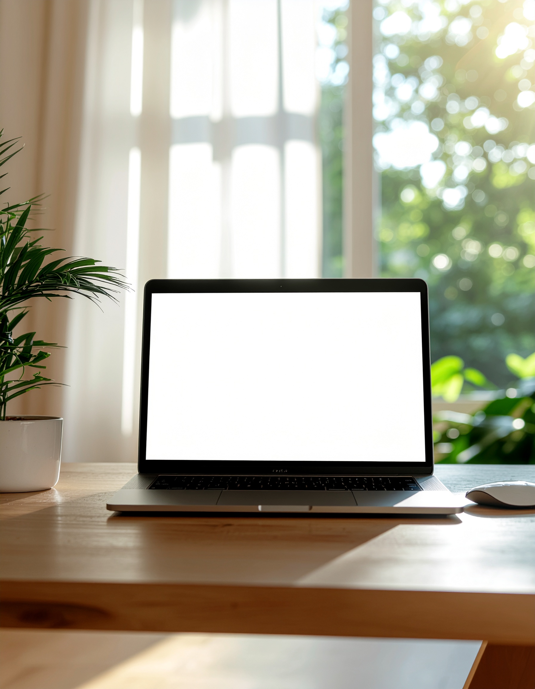 Modern Laptop on Light Wood Desk in Sunny Minimalist Office