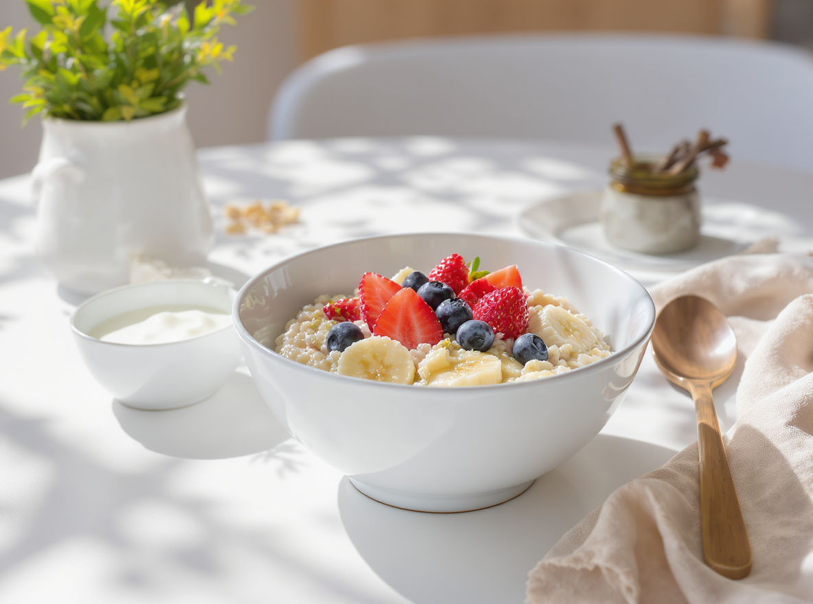 Uma tigela branca de aveia coberta com frutas frescas como morangos, bananas e blueberries, iluminada por luz natural suave em uma mesa branca. A composição é clean e minimalista, com utensílios elegantes e um vaso de planta ao fundo, criando uma atmosfera de café da manhã saudável e refrescante.