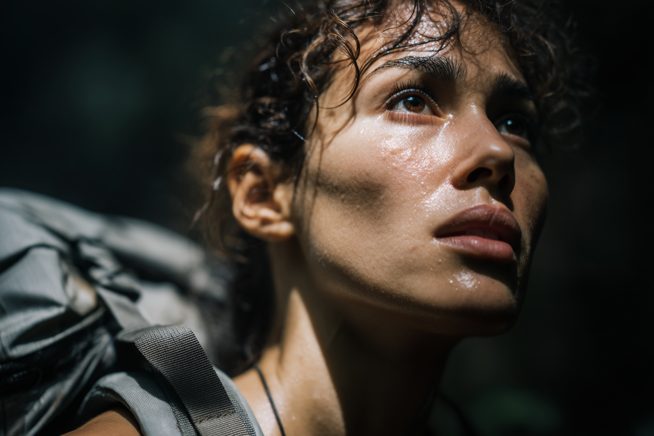 Close-up portrait of a young female hiker with curly hair, glistening skin, and a focused expression, wearing a backpack in a lush forest environment. The soft natural light highlights her features, emphasizing a sense of adventure and exploration.