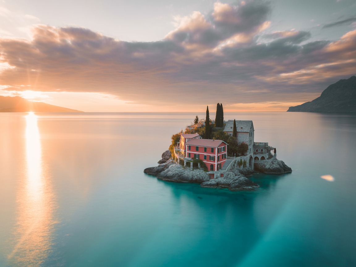 Picturesque Island with Historic Buildings at Sunset