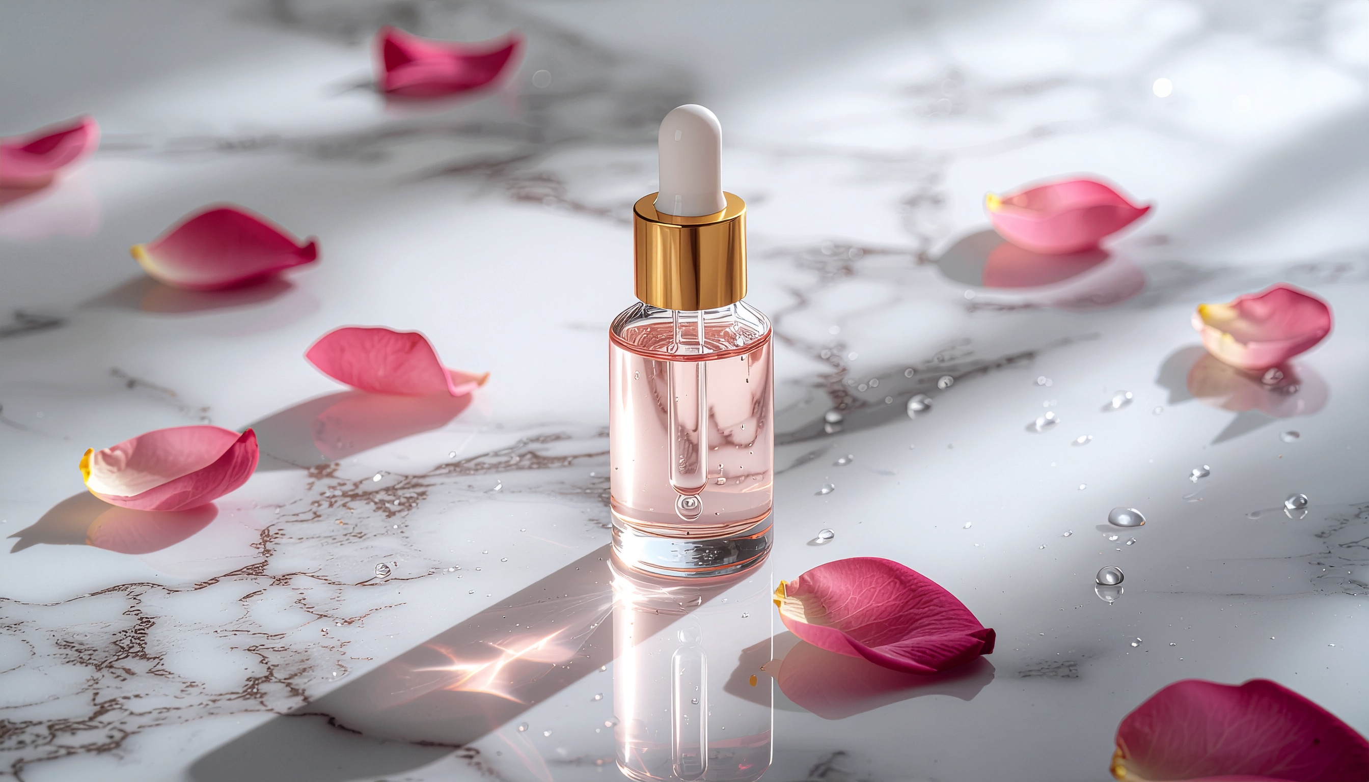 Frasco de sérum rosa com tampa dourada sobre mármore branco. Ideal para cuidados com a pele, trazendo hidratação e frescor. O frasco elegante está rodeado por pétalas de rosa, criando uma estética sofisticada. Perfeito para uso diário e em rotinas de beleza noturnas. A combinação de design luxuoso e ingredientes premium faz deste produto um destaque em cosméticos.