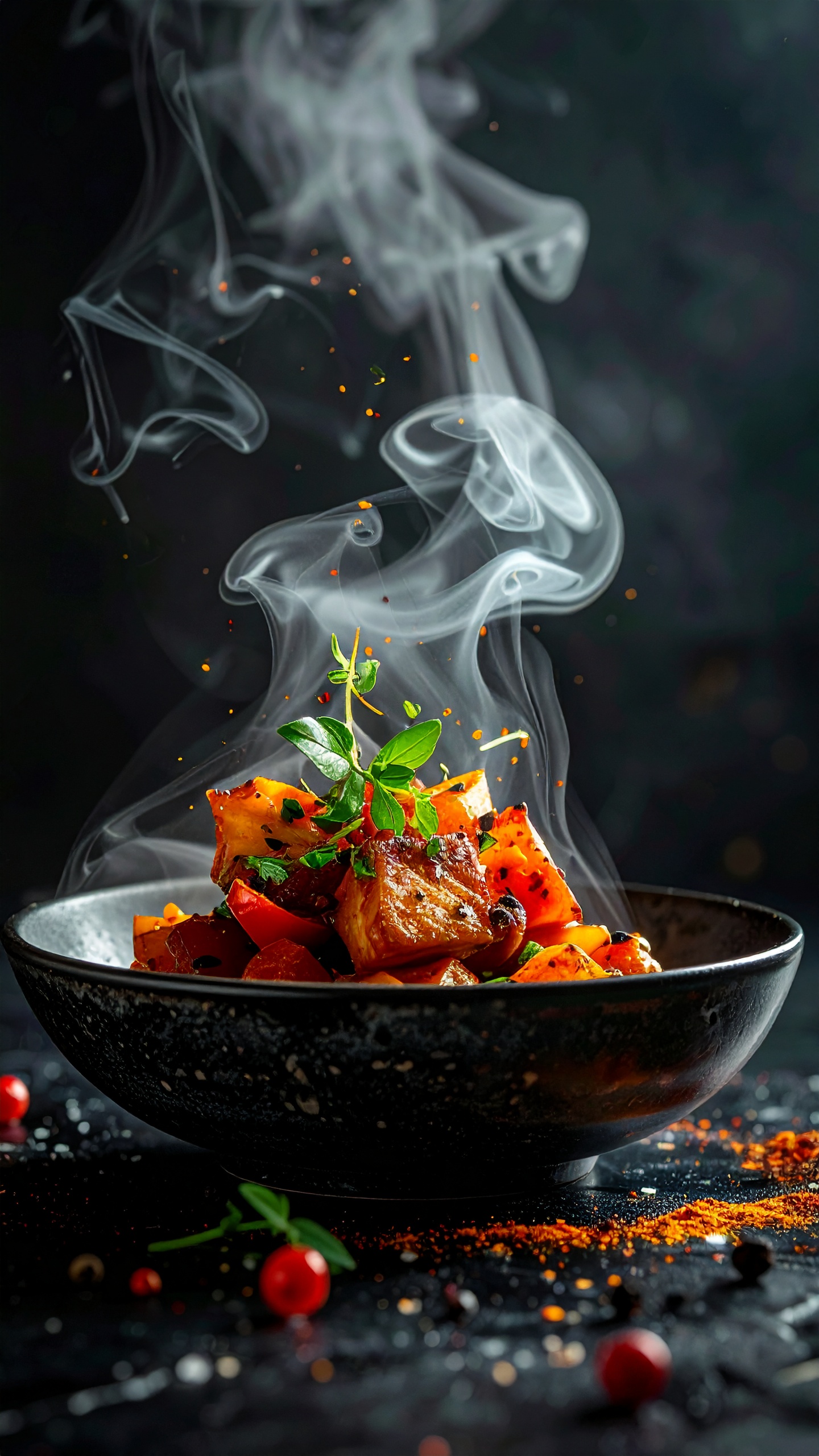 Gourmet Meat and Vegetable Dish in Dark Bowl
