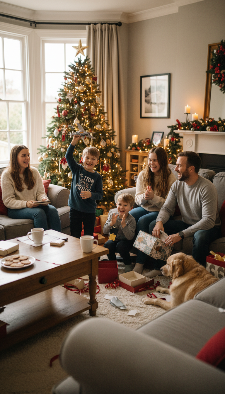 A joyful family gathers around a beautifully decorated Christmas tree in a cozy living room