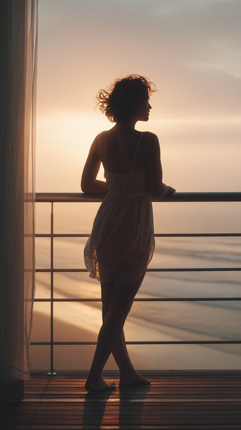 Silhueta de uma mulher em um vestido leve, observando o pôr do sol a partir de uma varanda, com o mar visível ao fundo. A luz suave do entardecer cria uma atmosfera tranquila e reflexiva.