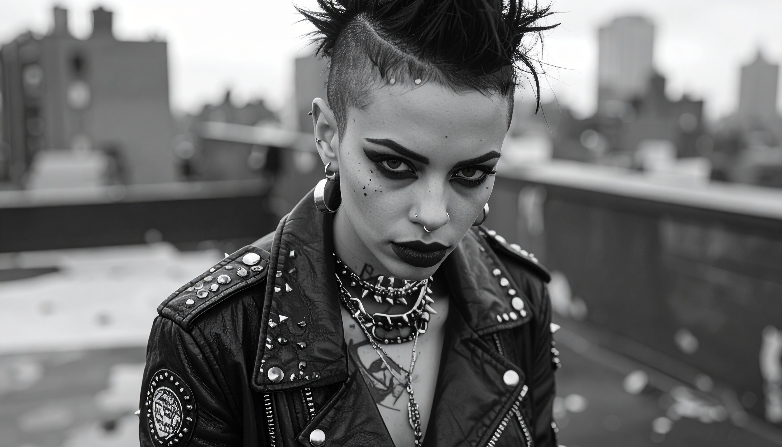 Mulher de estilo punk com jaqueta de couro cravejada em um cenário urbano. O look é perfeito para quem busca expressar uma identidade ousada e autêntica. Detalhes como piercings, maquiagem marcante e cabelo moicano compõem a estética. Ideal para eventos de música alternativa ou sessões de fotos temáticas. Esse visual traz uma forte mensagem de autoexpressão e rebeldia.