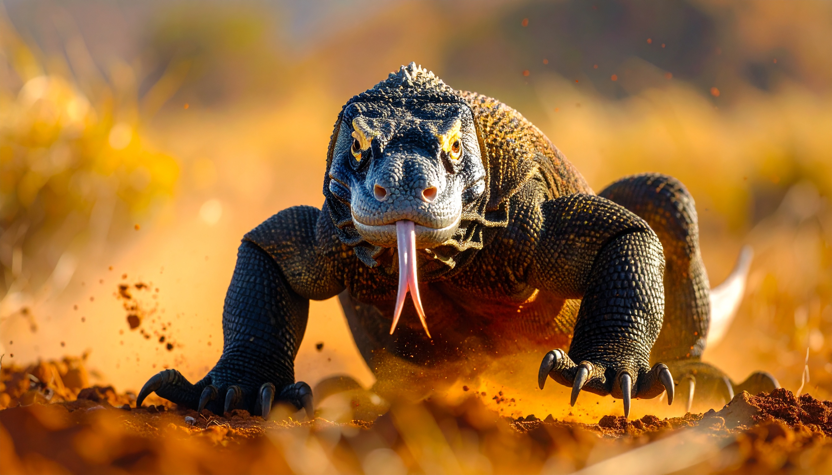 A Komodo dragon prowls through a sunlit, arid landscape, showcasing its powerful physique