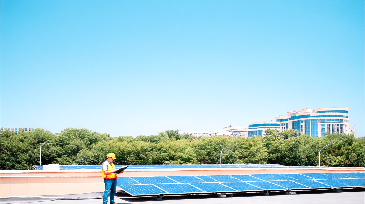 Trabalhador em um telhado examinando painéis solares sob céu claro, com edifícios modernos ao fundo, destacando eficiência energética e urbanização sustentável, composição equilibrada e iluminação natural.