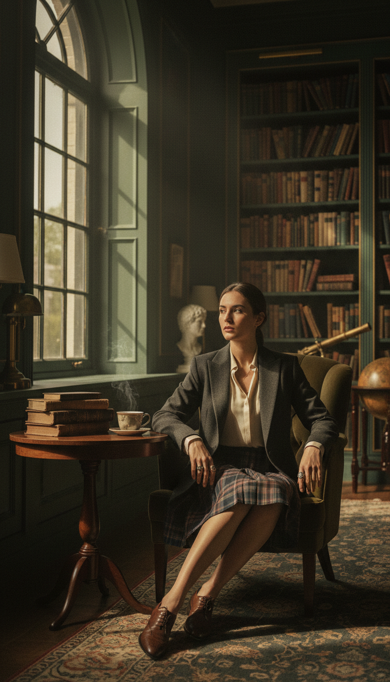 A sophisticated woman sits in an elegant library, wearing a tailored blazer and plaid skirt
