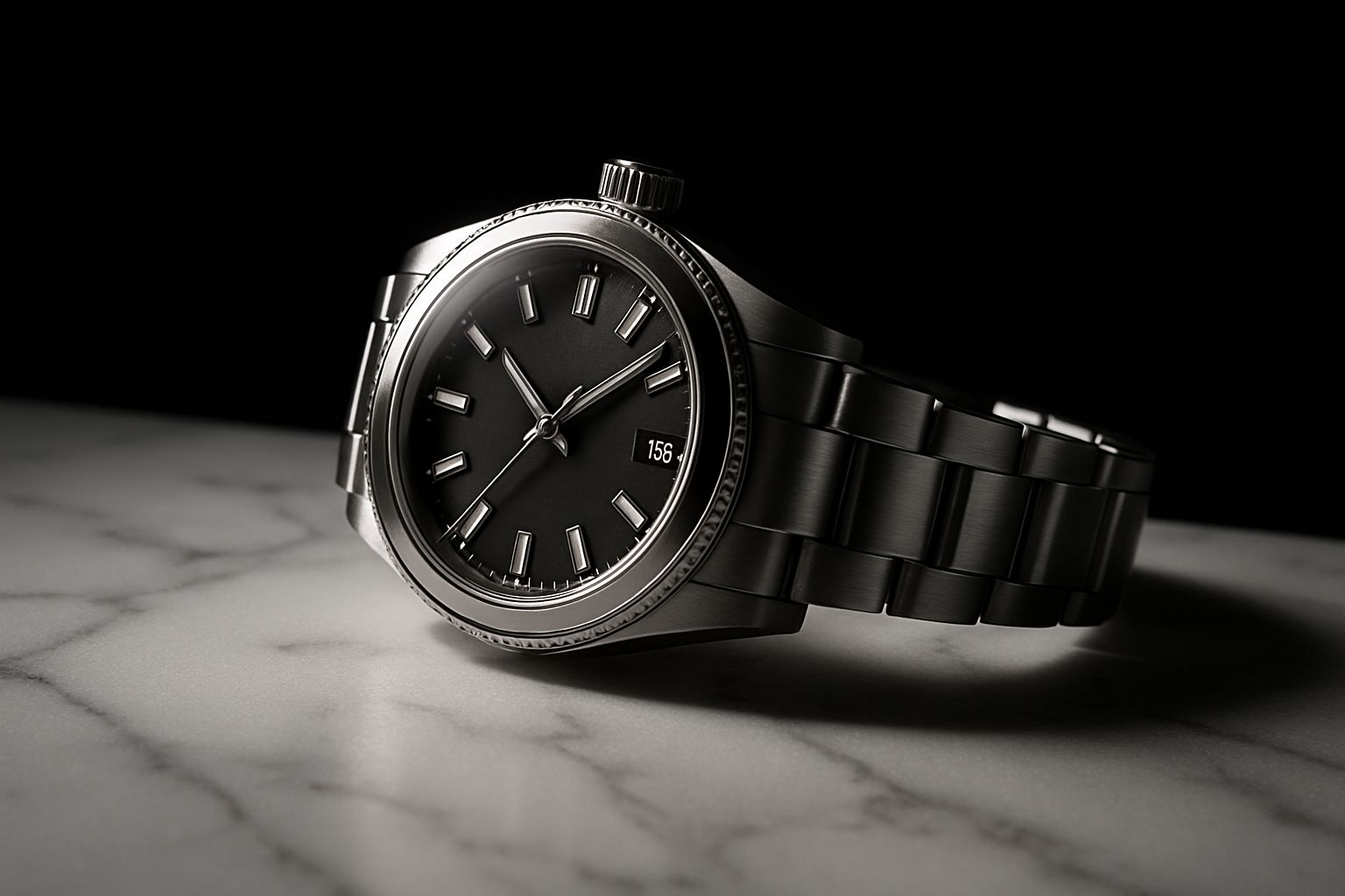 Elegant stainless steel watch on a marble surface