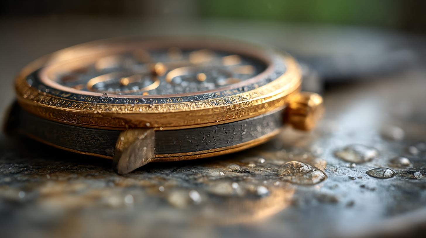 Relógio de pulso em close-up, exibindo detalhes elegantes da caixa em ouro e mostrador preto, com gotas de água sobre uma superfície reflexiva. Ideal para amantes de relógios e acessórios de moda.
