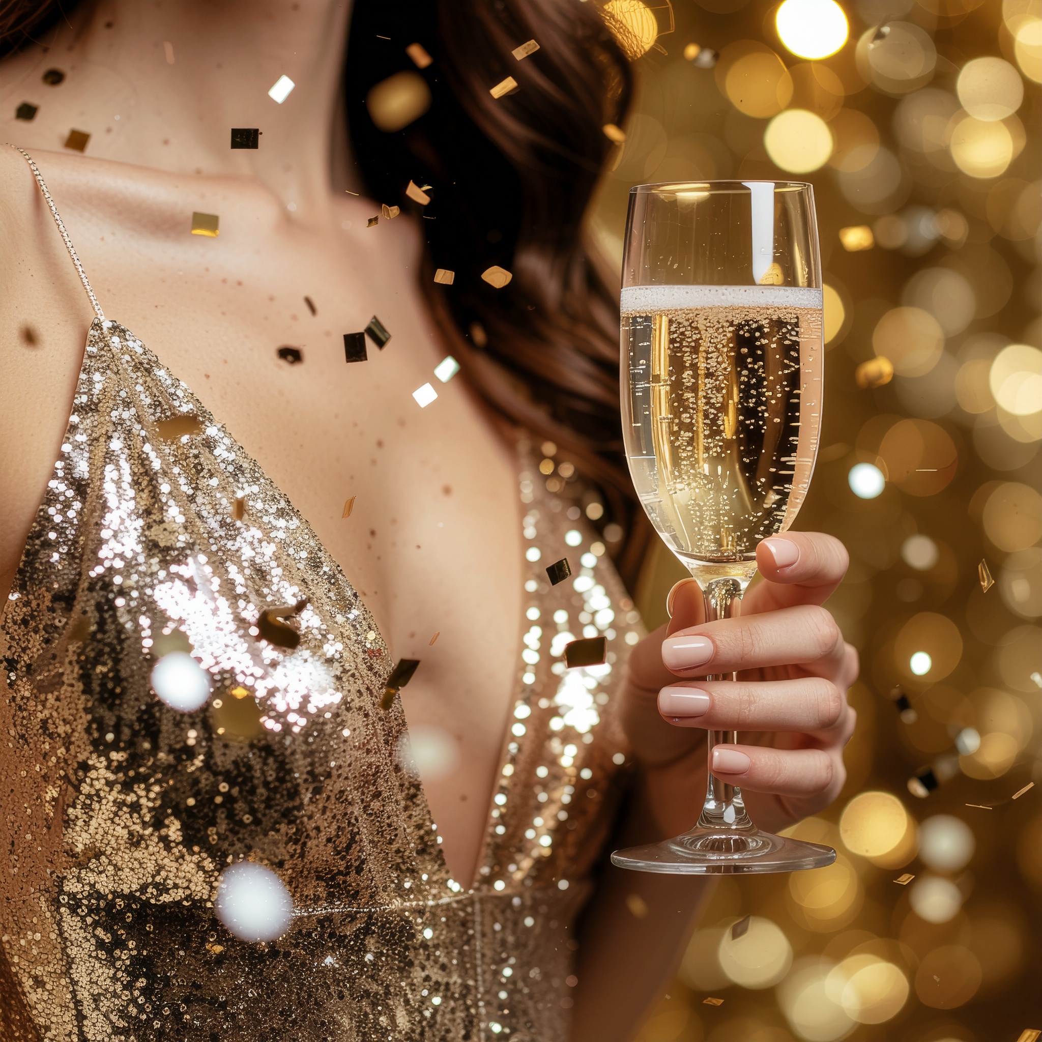 Mulher em vestido brilhante dourado segura uma taça de champanhe com confetes flutuantes ao redor. A iluminação suave e o fundo bokeh dourado criam uma atmosfera festiva e elegante. Composição focada nos detalhes da roupa e da bebida.
