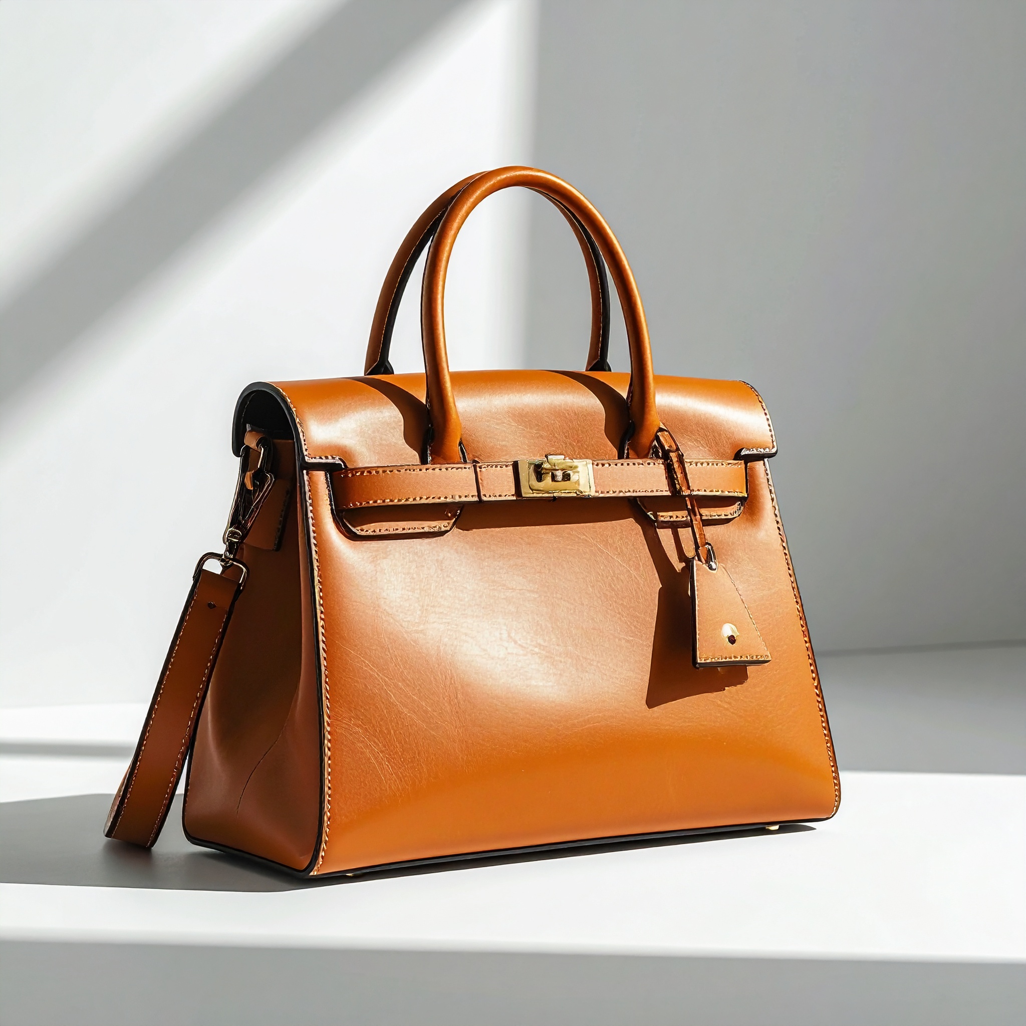 Bolsa de couro marrom claro com acabamento brilhante, destacando-se sobre fundo branco minimalista, iluminação suave gerando sombras sutis e atmosfera elegante.