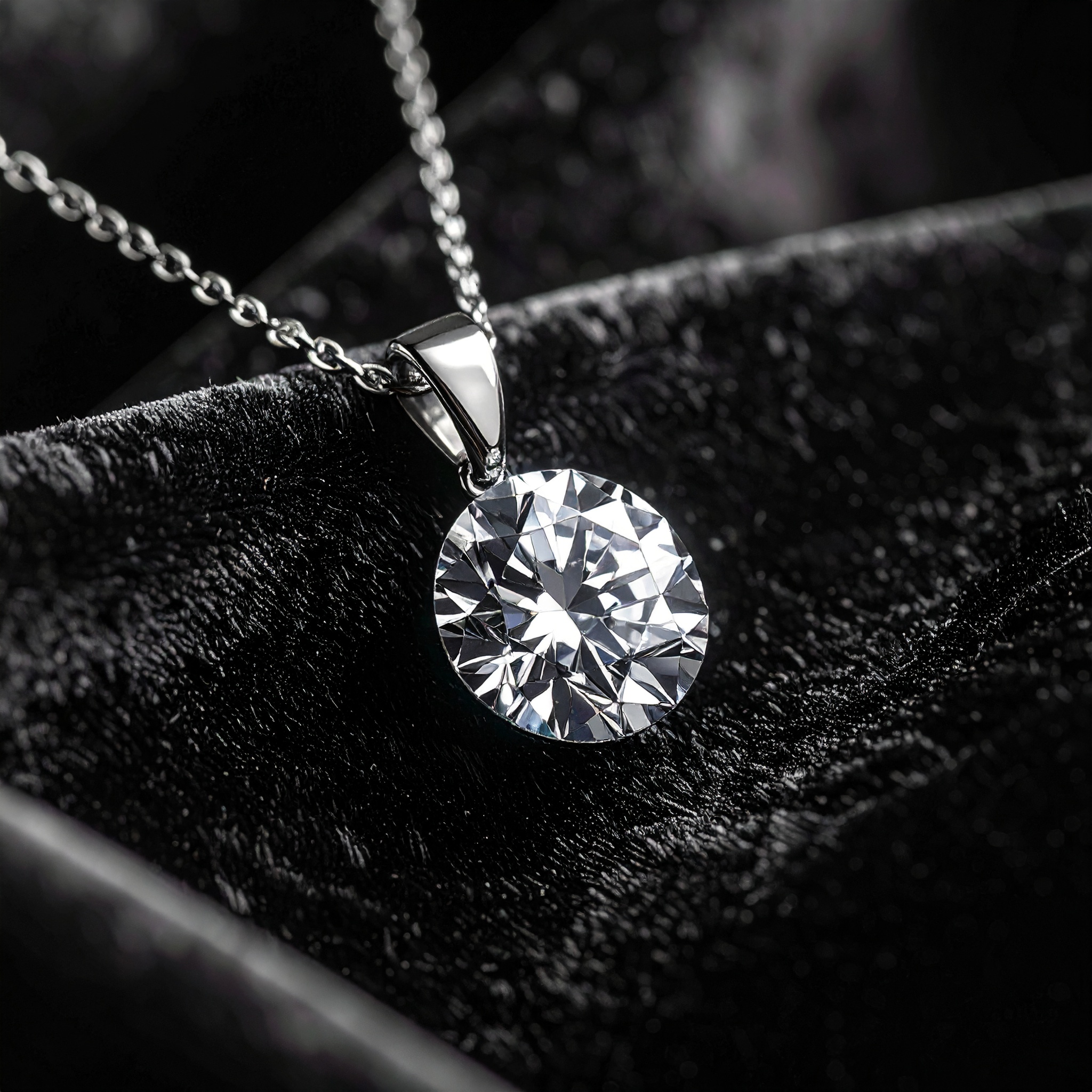 Pingente de diamante redondo com corrente prateada sobre fundo de veludo preto, destacando brilho facetado, textura suave e iluminação dramática.