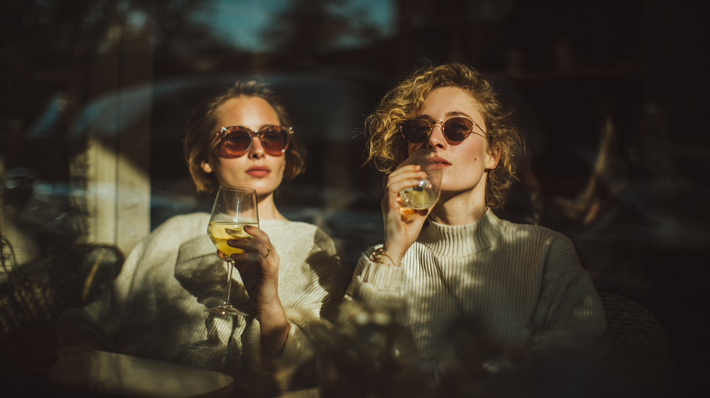 A imagem retrata duas mulheres sentadas, ambas usando óculos escuros e segurando taças de bebida, em um ambiente iluminado com luz suave. A paleta de cores é predominantemente neutra, com tons de bege e dourado, contrastando com o fundo mais escuro. A composição é equilibrada, com as duas figuras focadas no centro e um leve jogo de sombras que adiciona profundidade.