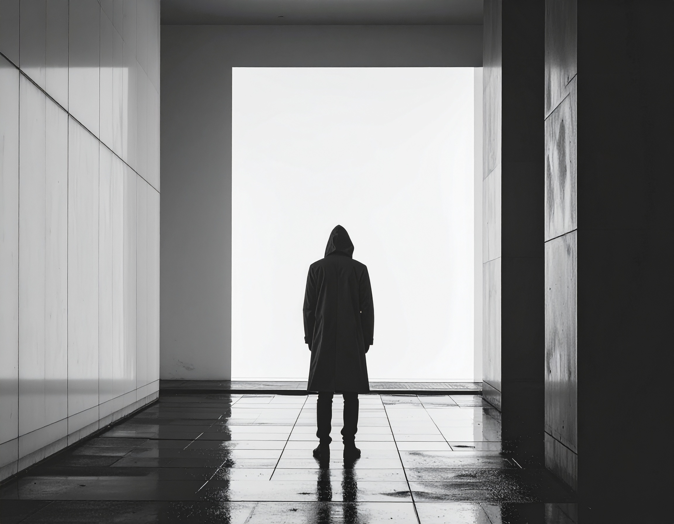 A lone figure in a hooded coat stands in a minimalist corridor