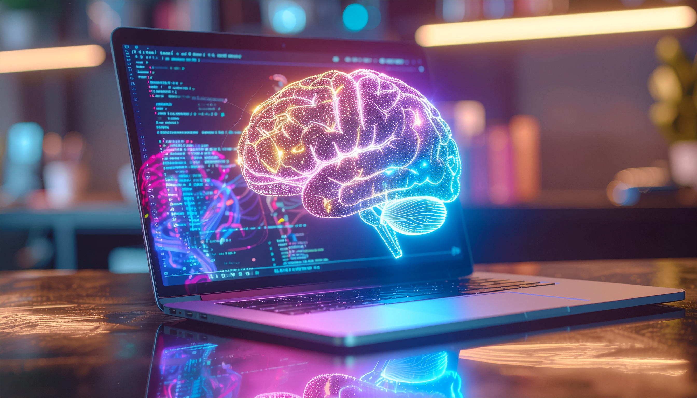 Imagem de um laptop aberto exibindo um holograma colorido de um cérebro humano. O ambiente é bem iluminado, com reflexos brilhantes sobre a superfície. A tela mostra código de programação, indicando um contexto de inteligência artificial ou tecnologia. A composição é futurista e vibrante, com tons de azul e rosa, criando uma atmosfera inovadora e tecnológica.