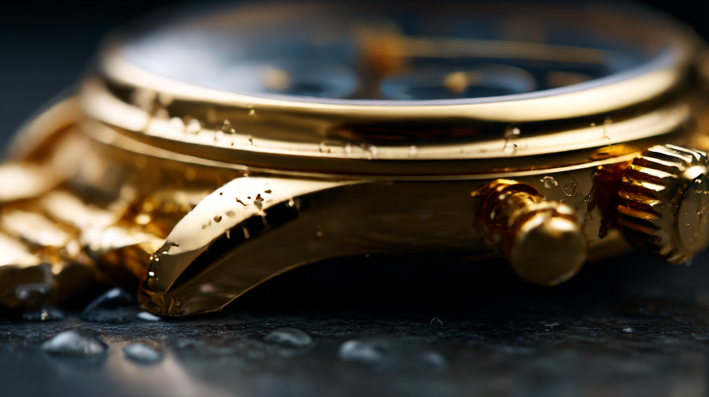 Close-up view of a luxurious gold watch with water droplets on its surface, highlighting its elegant design and craftsmanship. The watch features a detailed dial and prominent crown, resting on a dark textured surface.
