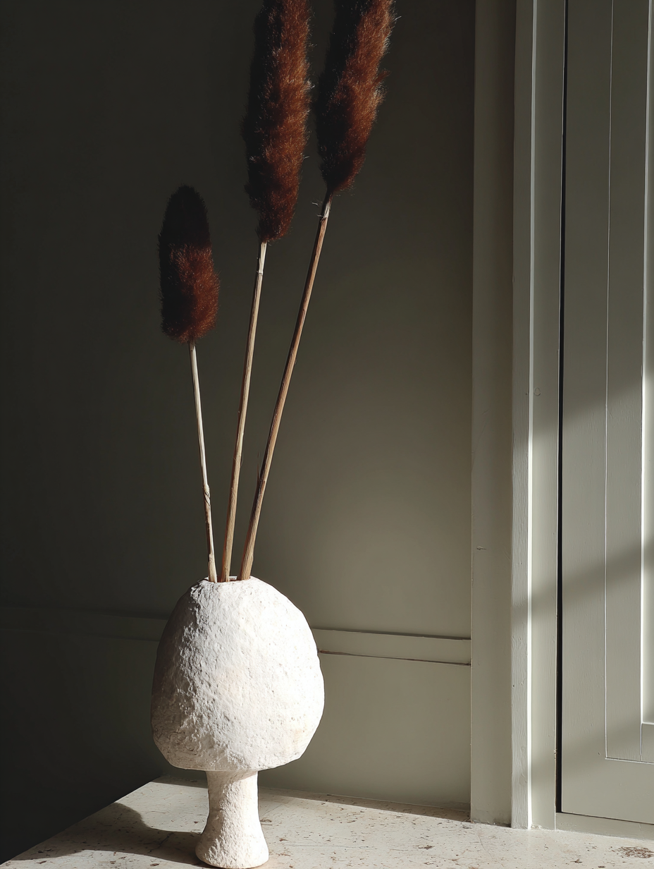 Vaso cerâmico texturizado em forma de cogumelo sobre mesa clara, com três ramos marrons iluminados por luz natural suave, criando uma atmosfera minimalista e elegante em ambiente interno.