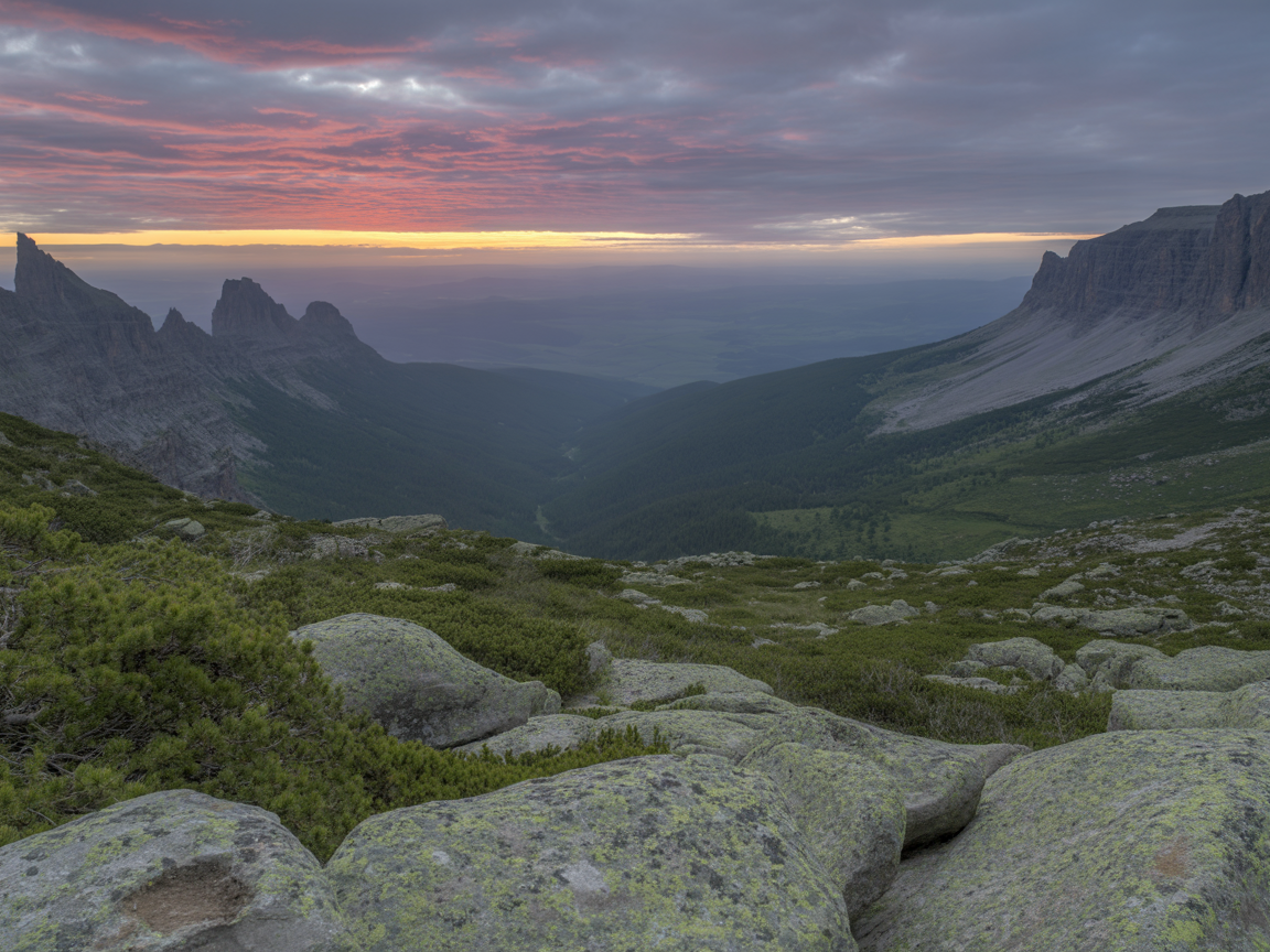 Mountain Landscape at Dawn with Pink and Orange Clouds