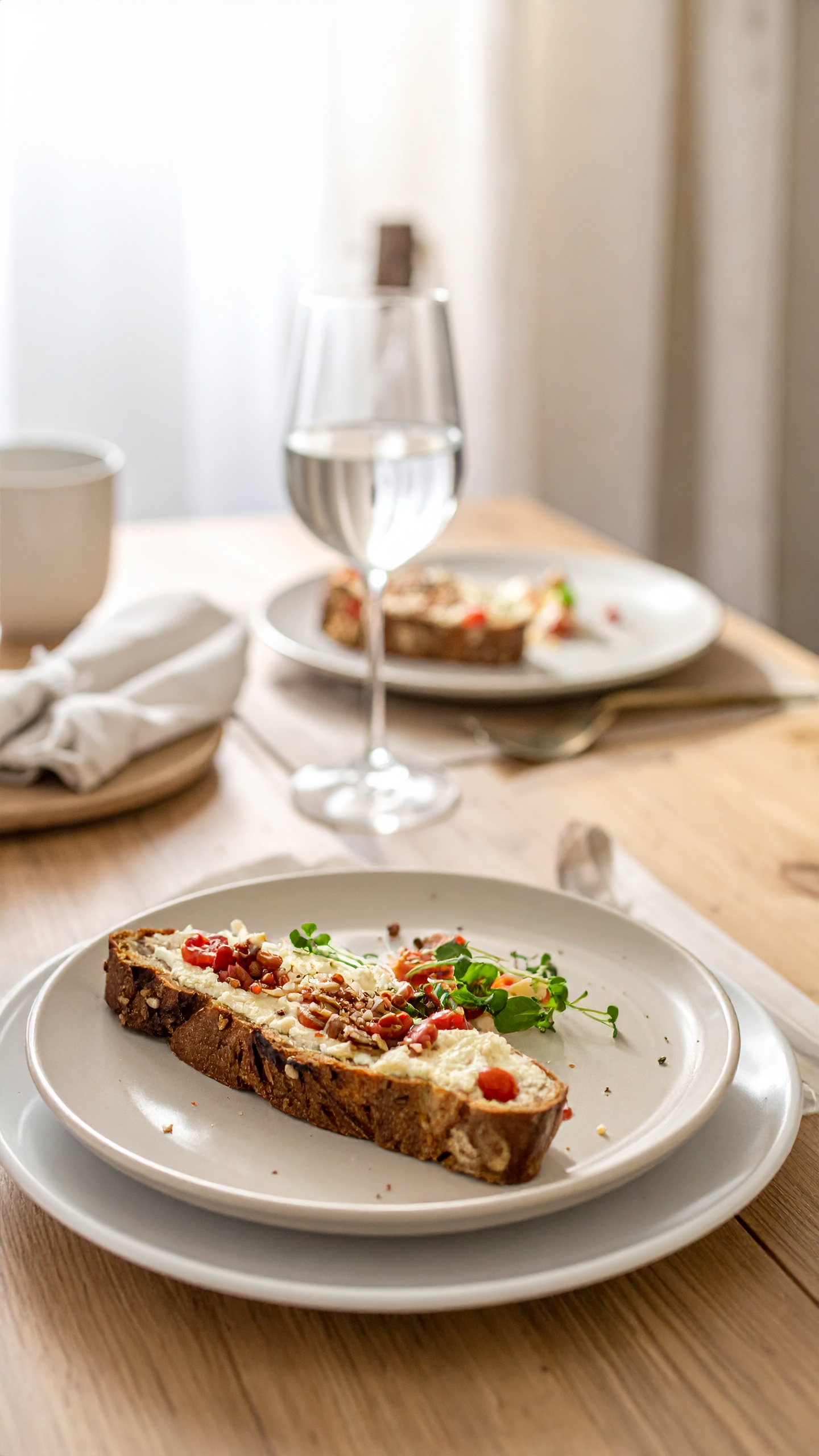 A slice of artisan bread topped with fresh ingredients sits elegantly on a white plate