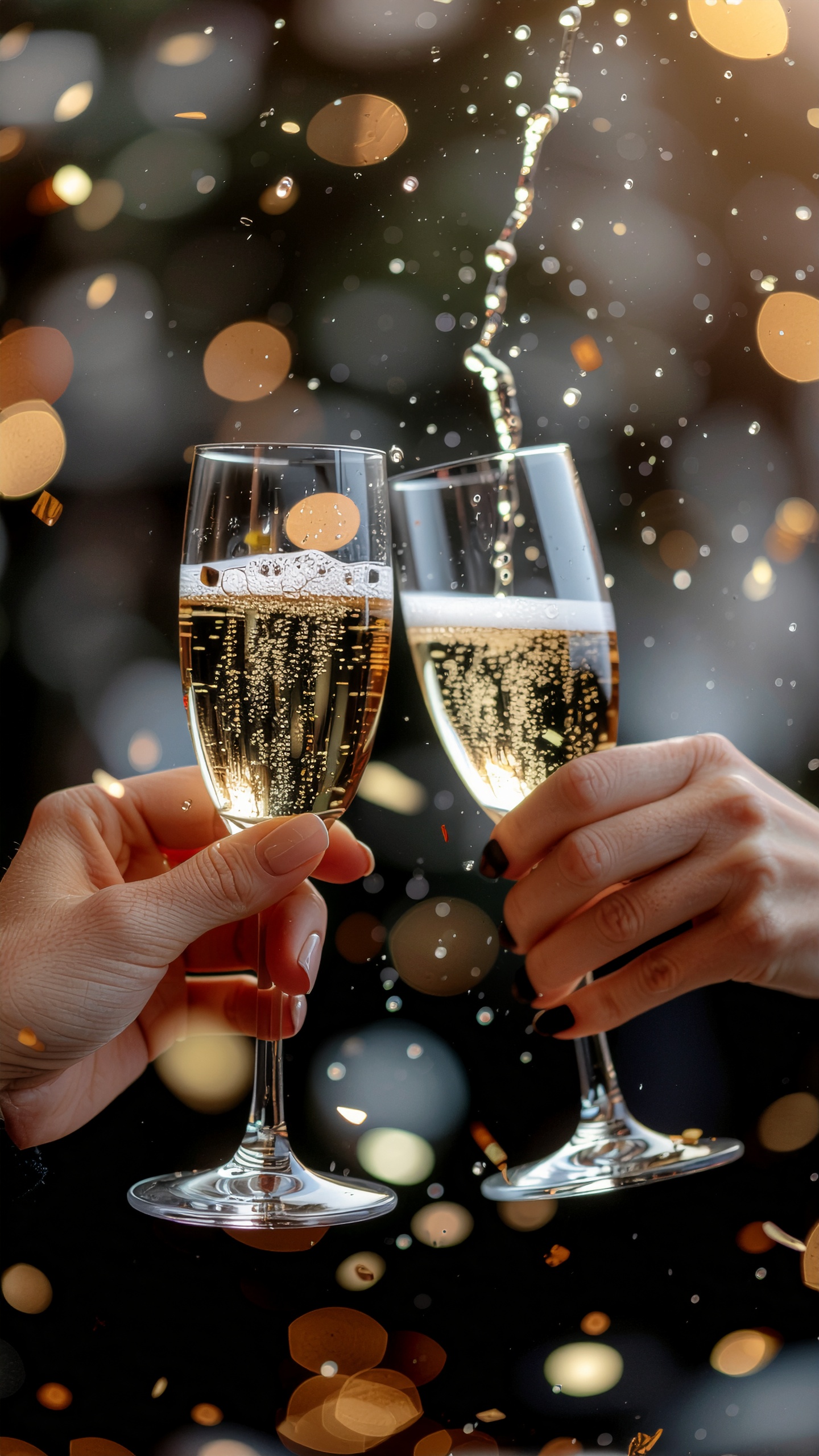Mãos segurando taças de champanhe, brindando em meio a um fundo desfocado com luzes douradas e bokeh, criando uma atmosfera festiva e elegante. O líquido espumante e borbulhante reflete a iluminação suave, adicionando brilho à cena. Composição centrada e ângulo ligeiramente inclinado, destacando a celebração com foco nas taças e na interação humana.