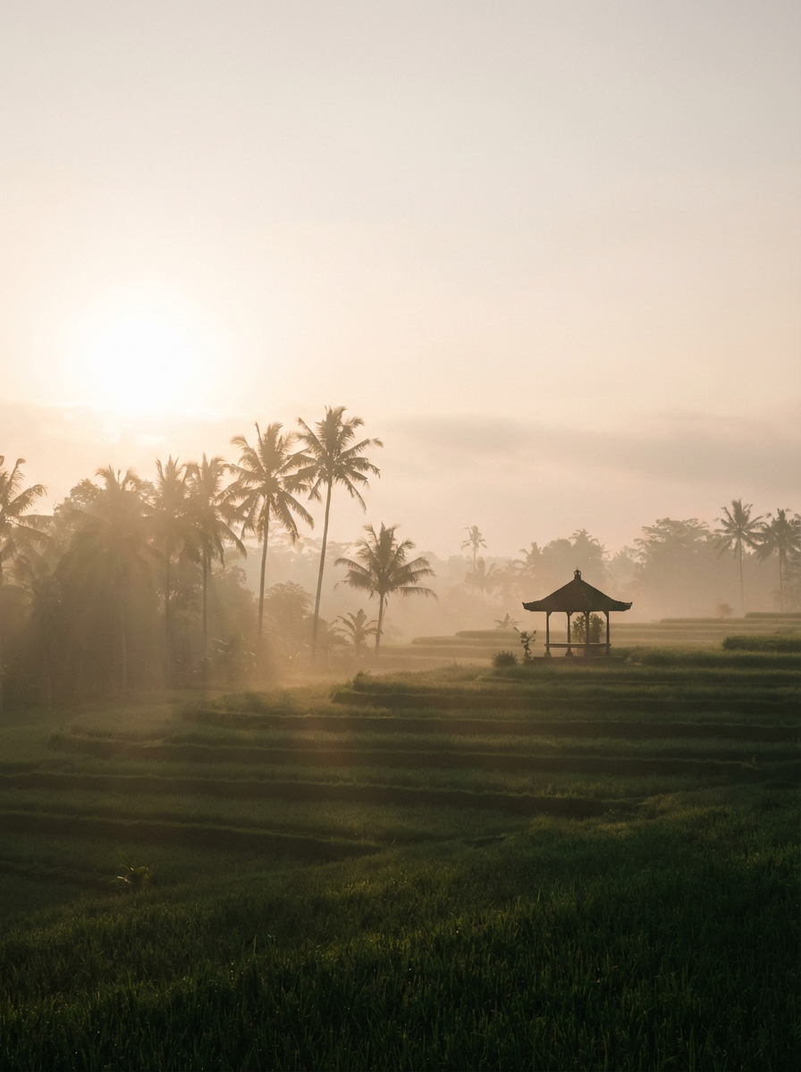 Sunlight filters through mist over terraced rice fields with palm trees