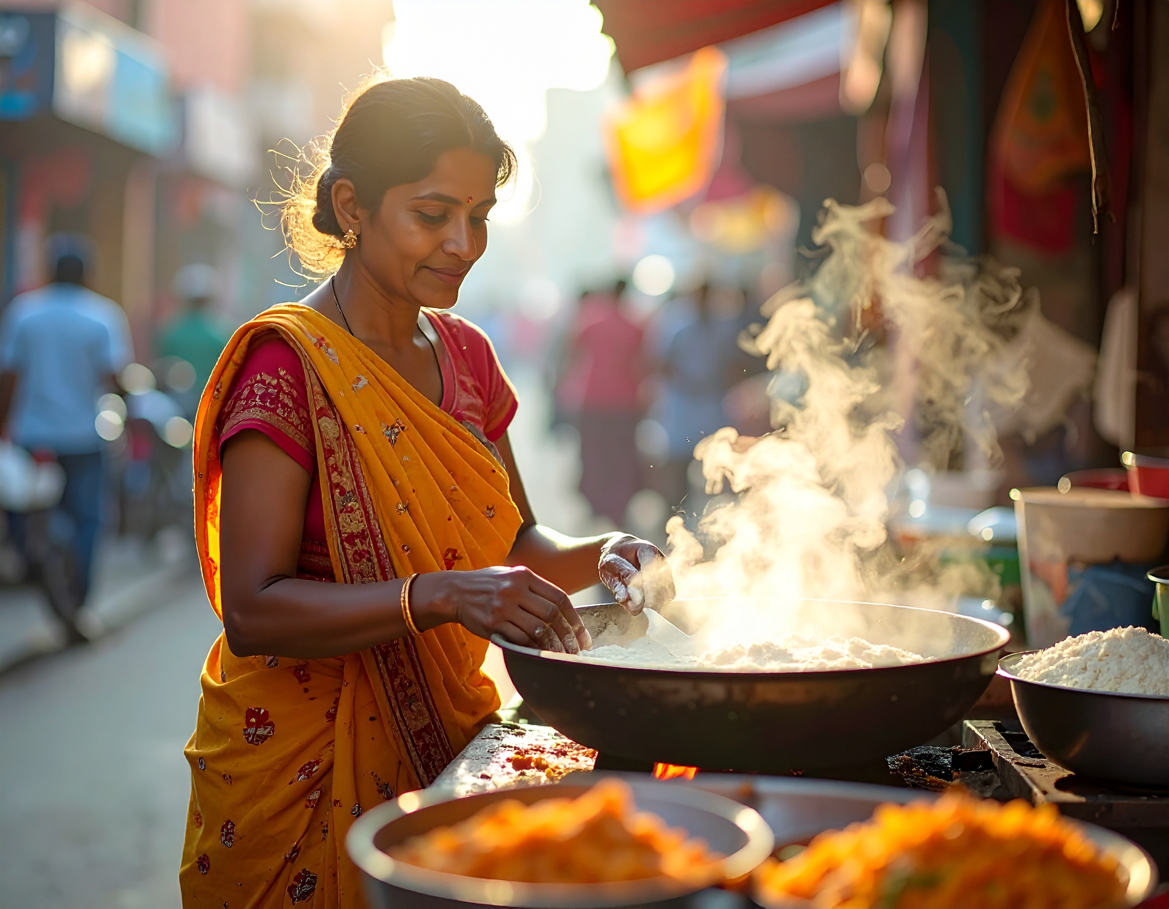A woman in a vibrant sari is cooking street food in a bustling market