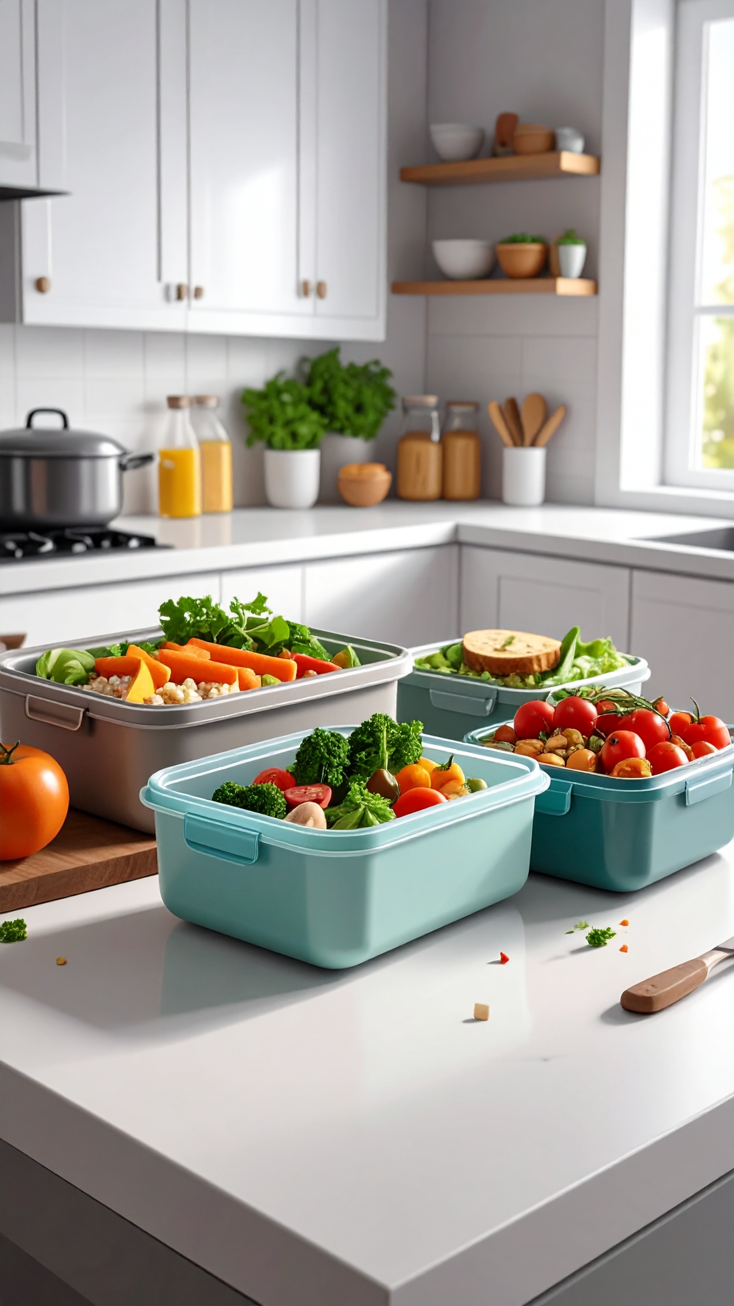 Colorful meal prep containers filled with fresh vegetables sit on a kitchen counter