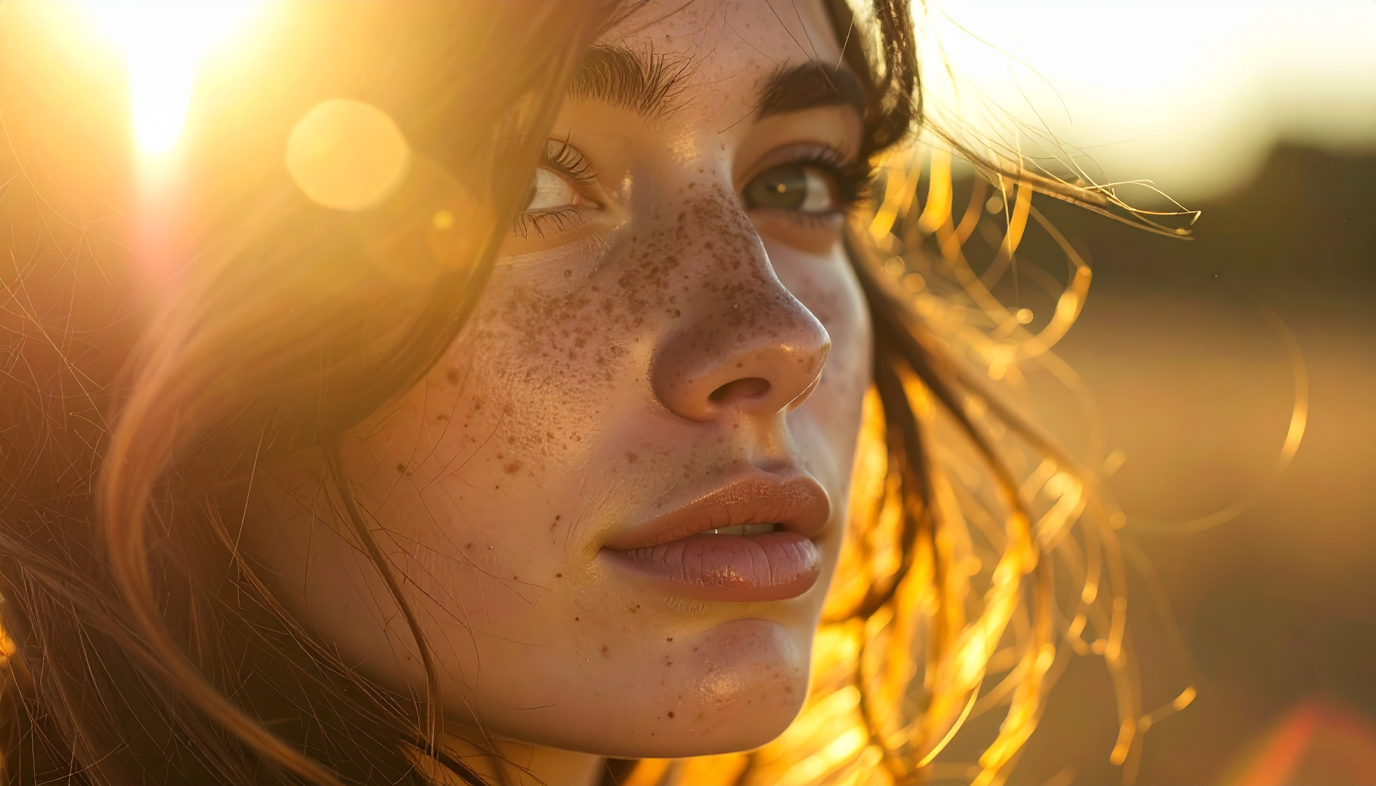 Retrato de uma pessoa com pele sardenta em luz dourada do pôr do sol, realçando detalhes faciais com foco suave e fundo desfocado, criando uma atmosfera serena e calorosa.