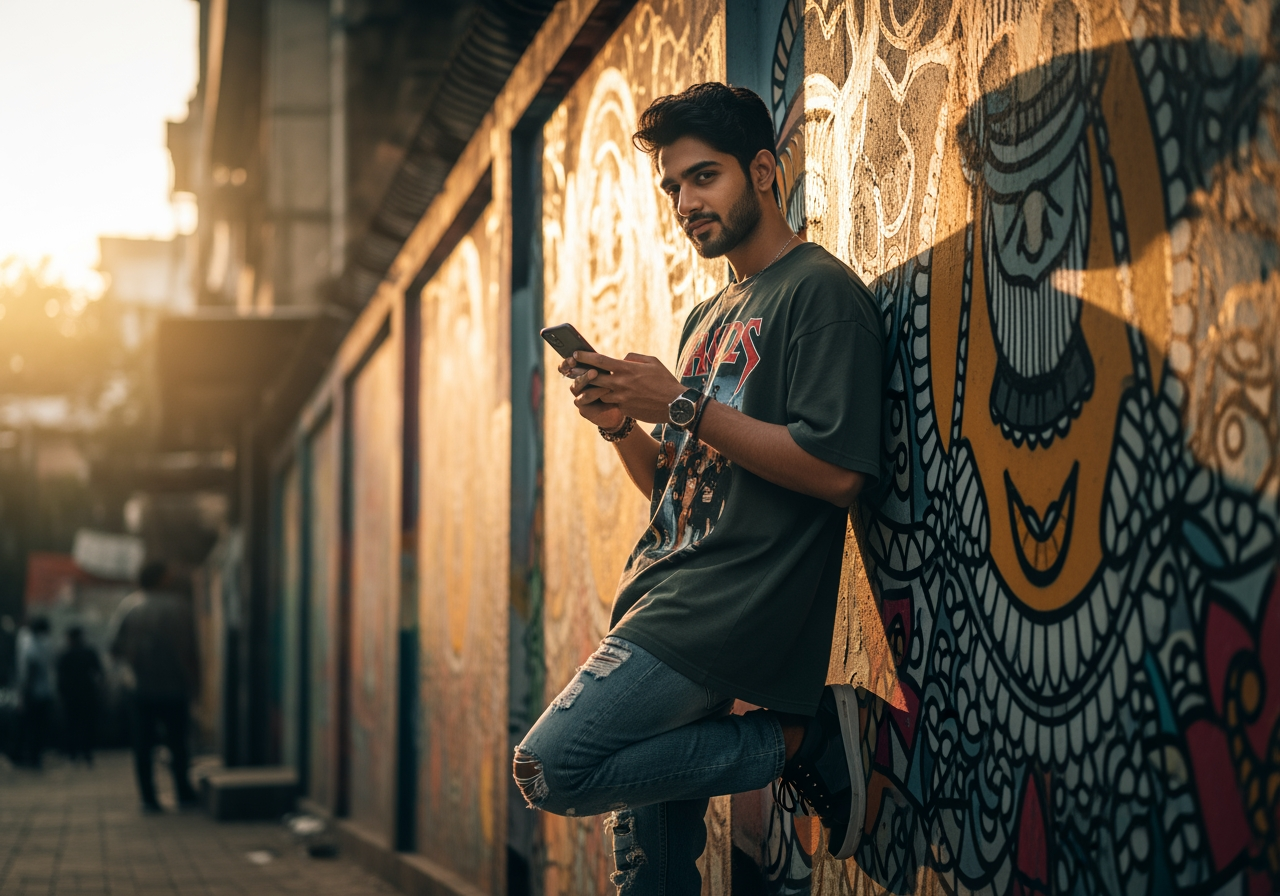 A person casually leans against a vibrant mural wall, engrossed in their smartphone
