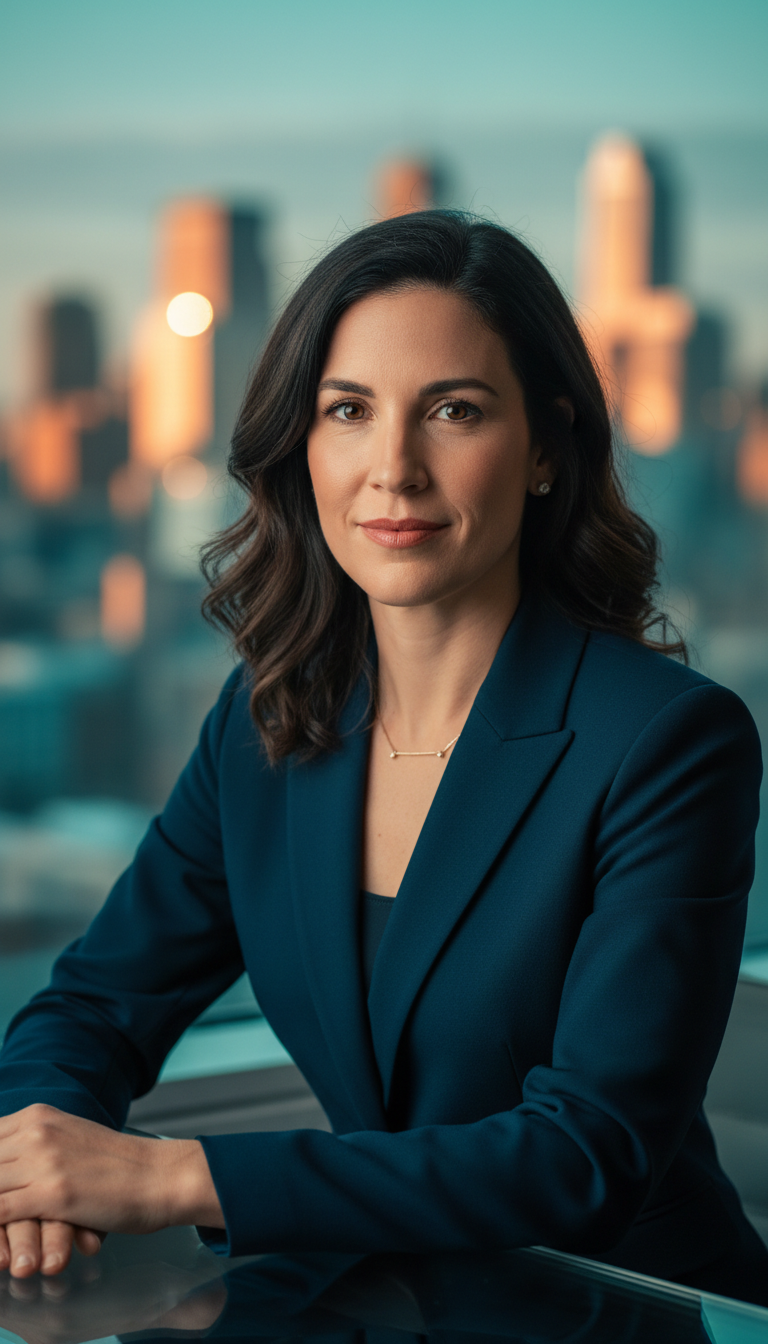 A confident woman in a blue suit sits against a city skyline backdrop