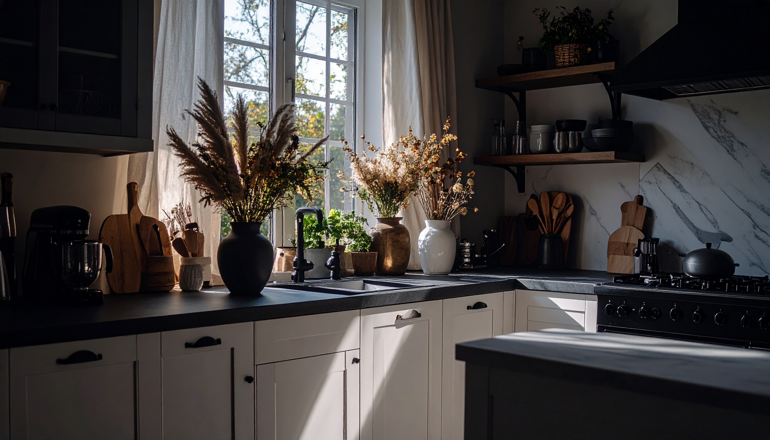 Cozinha iluminada por luz natural entrando por uma janela grande, destacando vasos decorativos com plantas e flores secas. A composição inclui prateleiras de madeira com utensílios, pias duplas e armários brancos, criando uma atmosfera aconchegante e rústica. A luz suave enfatiza a textura dos itens e o mármore da parede, enquanto a perspectiva amplia o espaço de forma acolhedora.