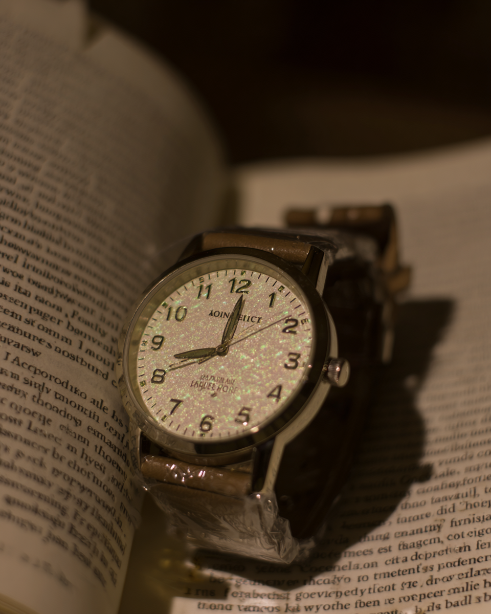 Relógio analógico sobre página de livro, com mostrador brilhante e numeração clara, em fundo escuro. A iluminação suave destaca o metal polido e cria uma atmosfera elegante e clássica.