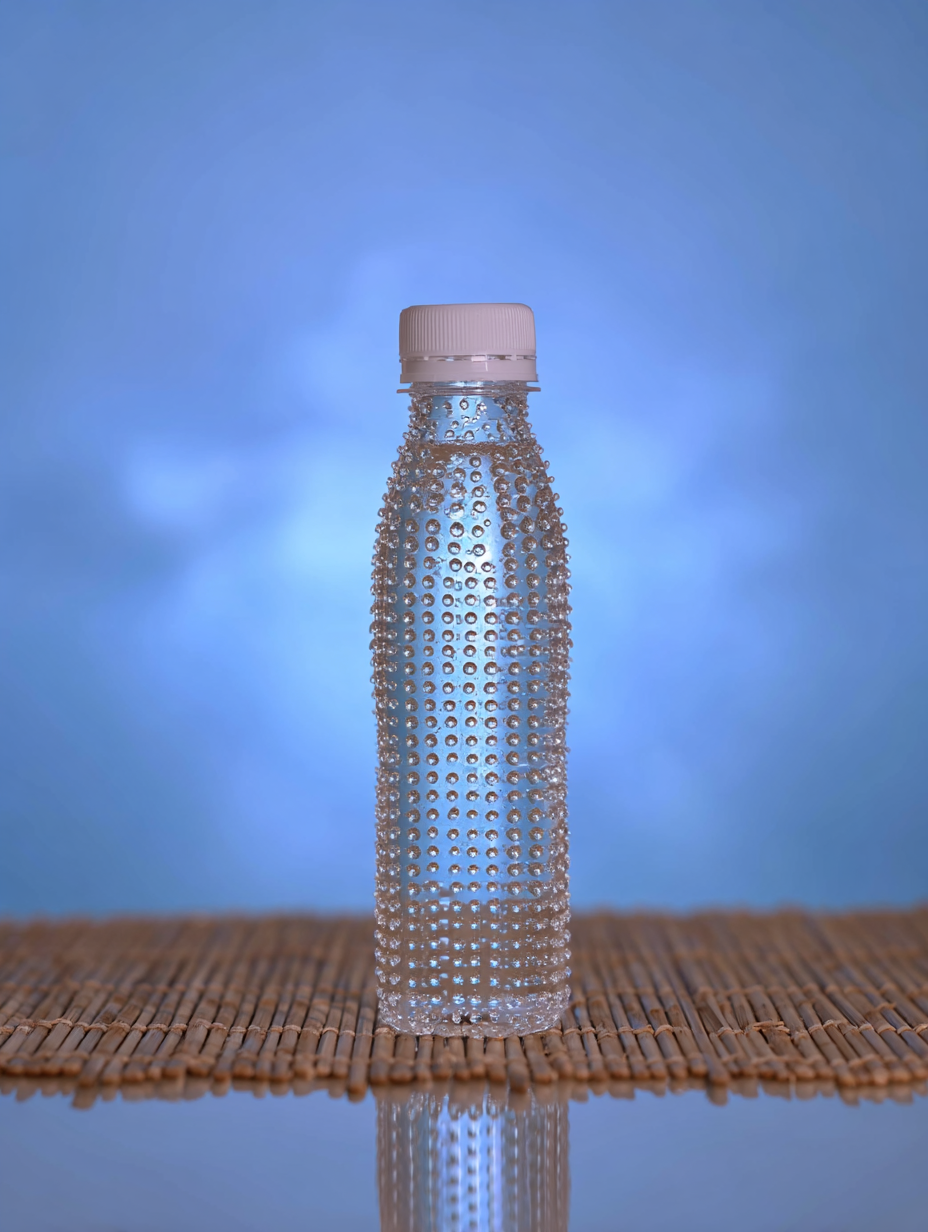 Garrafa translúcida com textura pontilhada, rodeada por gotas de água, em fundo azul suave, sobre superfície de bambu, com iluminação suave e estética minimalista.