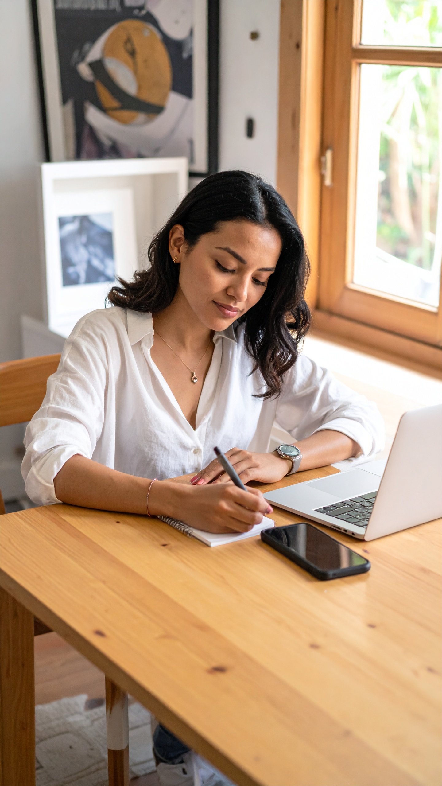 A woman is working at a wooden desk with a laptop and notebook, focusing intently on writing