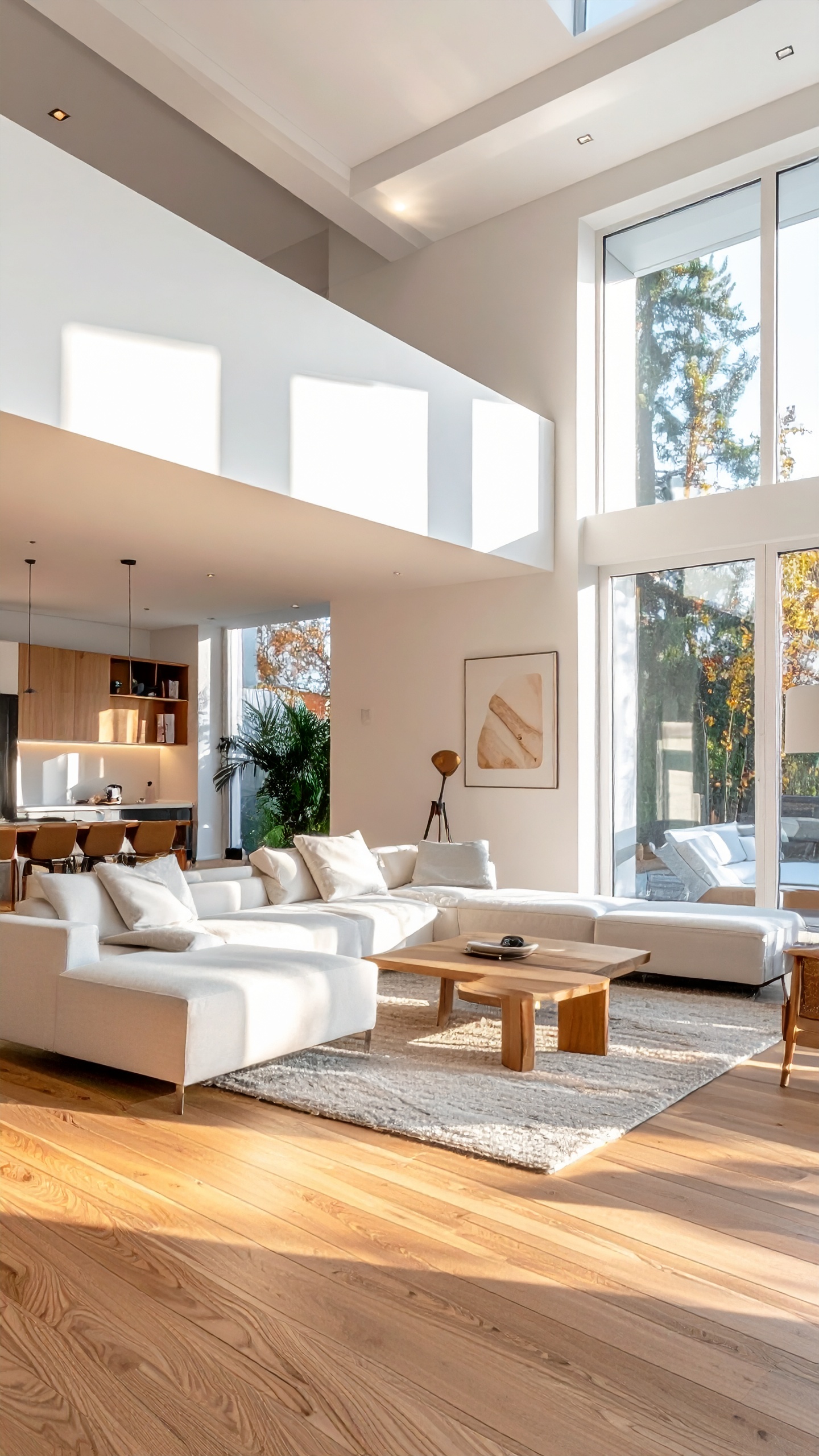 Spacious modern living room with large windows and cozy white sofas