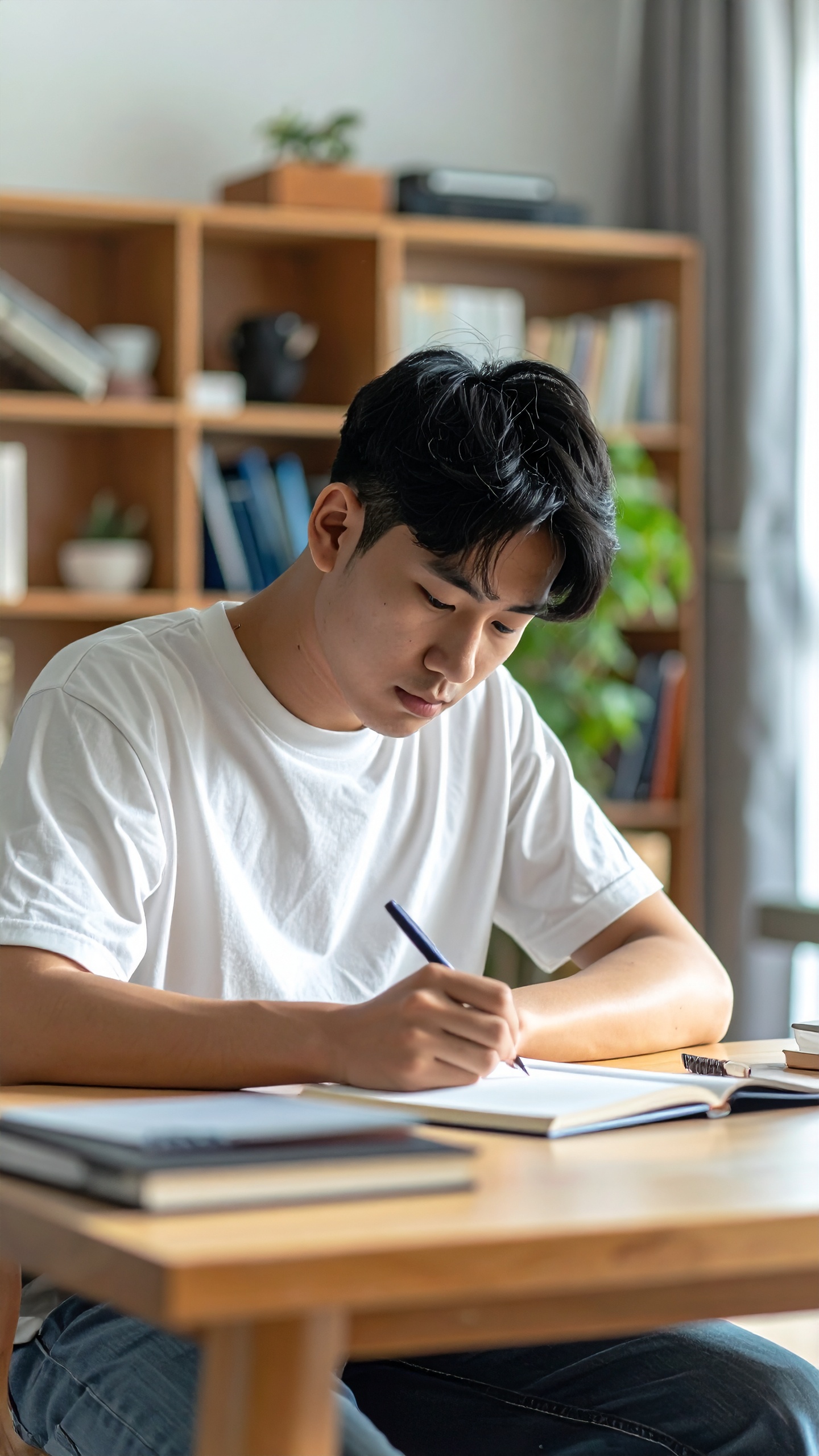 A young man in a white shirt is writing at a wooden table surrounded by books