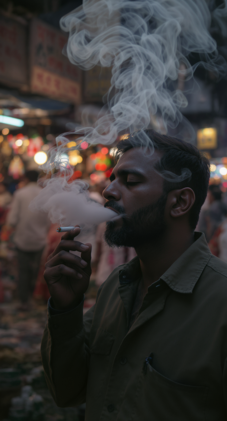 A man is smoking a cigarette amidst a bustling street market