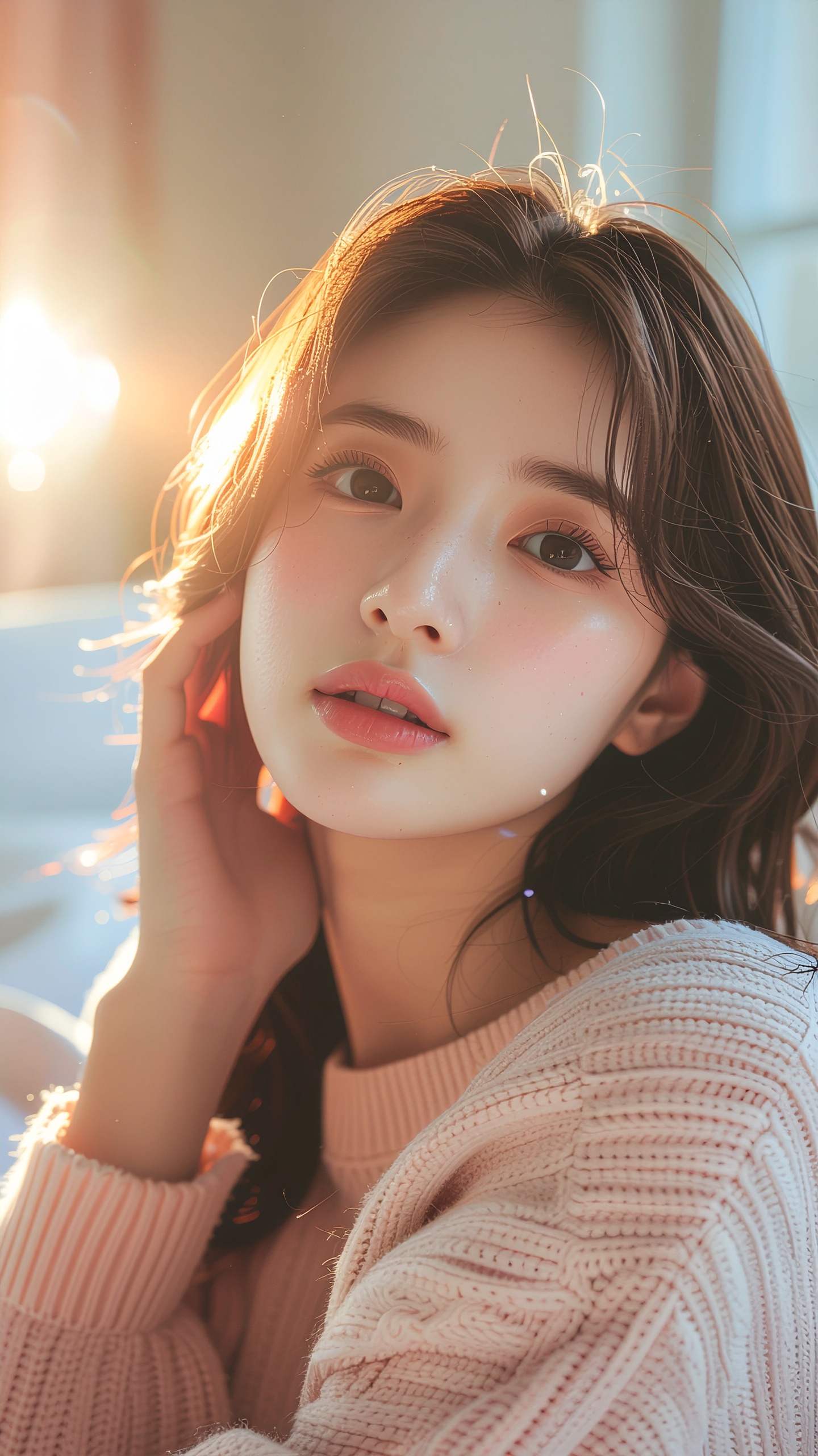 A young woman with soft, glowing skin is gently touched by sunlight streaming through a window