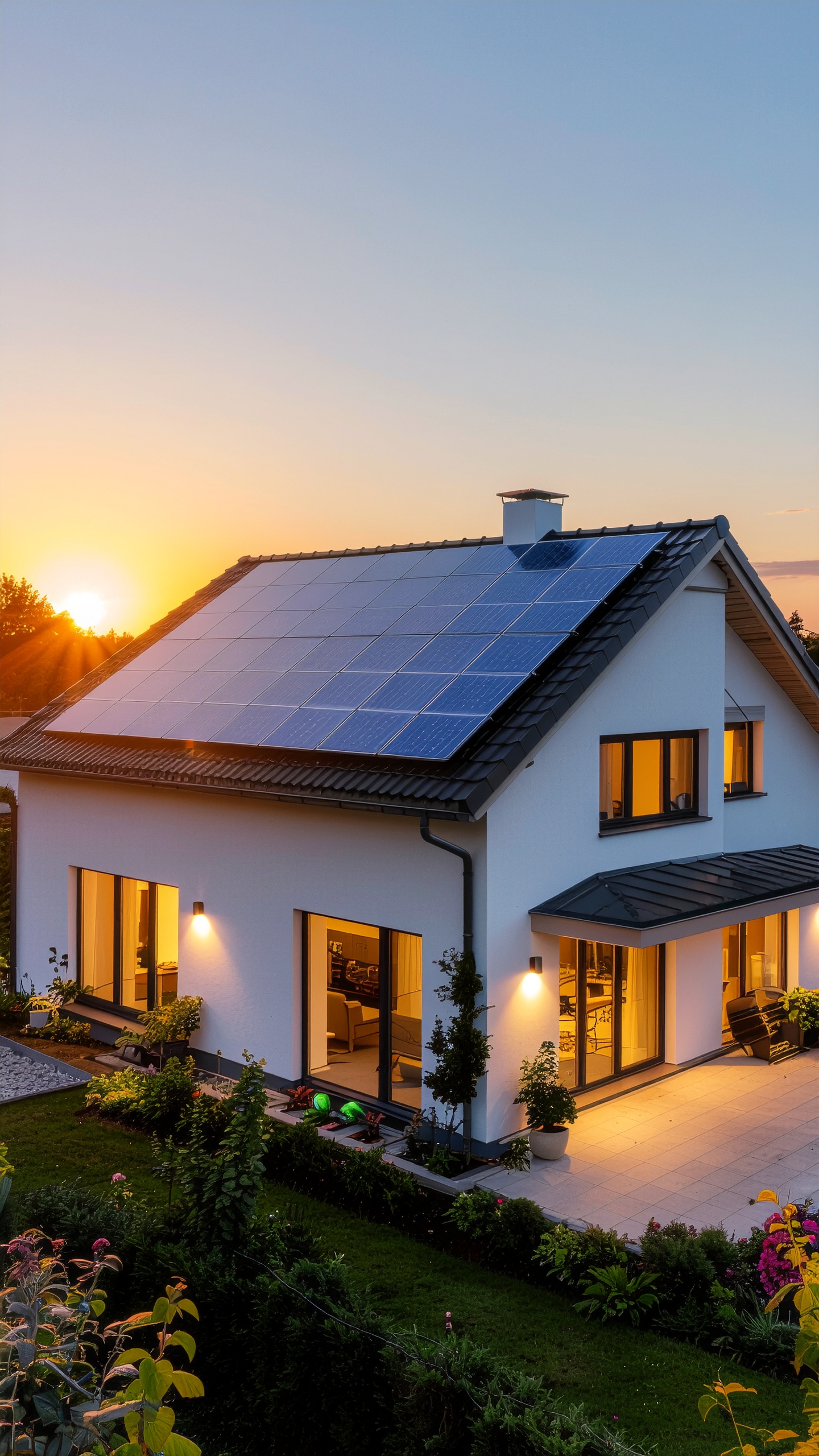 Casa moderna com painéis solares sob céu azul e laranja, cercada por jardim verdejante e iluminada por luzes quentes que criam uma atmosfera acolhedora.