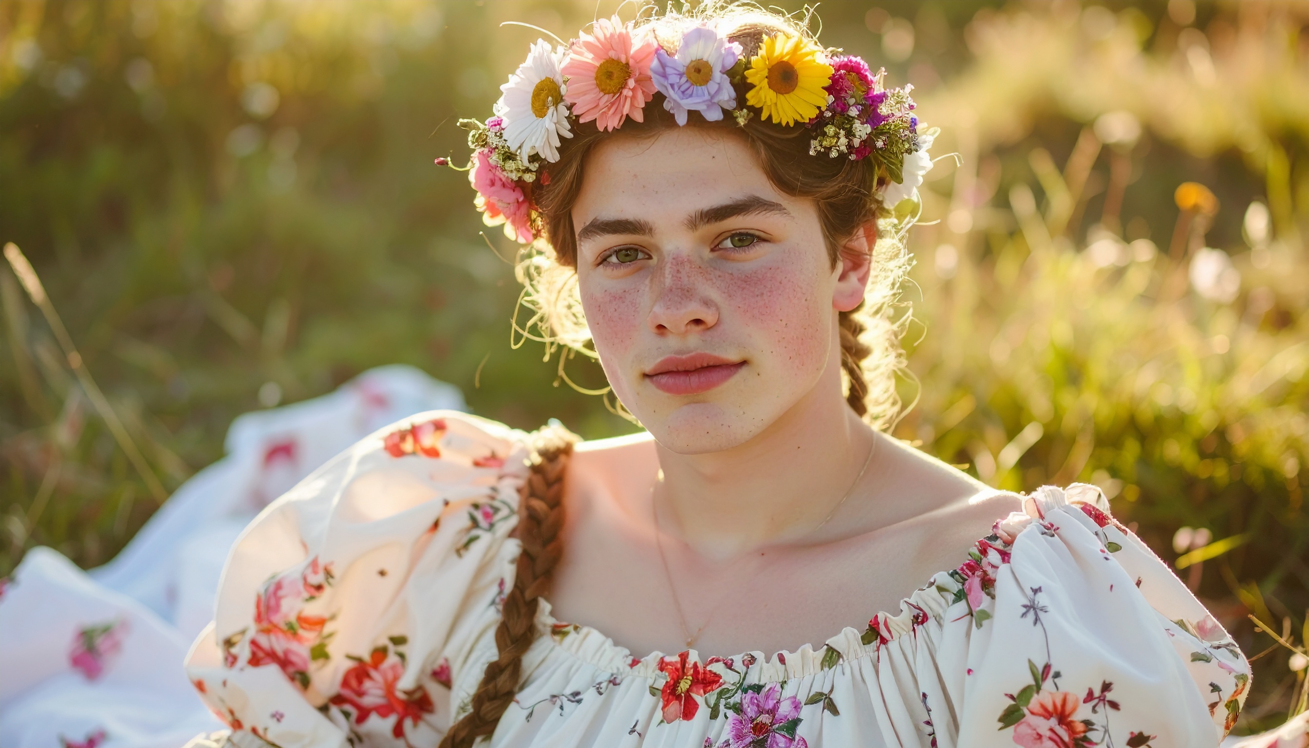 A young person wears a vibrant floral crown in a sunlit meadow